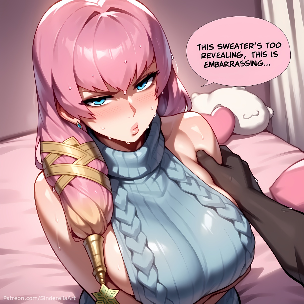 1boy, ai generated, bangs, bed, bedroom, big breasts, blue eyes, blush, breast grab, breasts, busty, comic, comic page, commission, dark skin, dark-skinned male, dialogue, english text, eyebrows visible through hair, female, fire emblem, fire emblem heroes, grabbing, gunnthra (fire emblem), huge breasts, human, human female, indoors, interracial, light skin, light-skinned female, long hair, male, male/female, nintendo, patreon, patreon url, patreon username, pillow, pink hair, sinderellaart, sleeveless, sweat, sweater, text, text bubble, thick, voluptuous, watermark