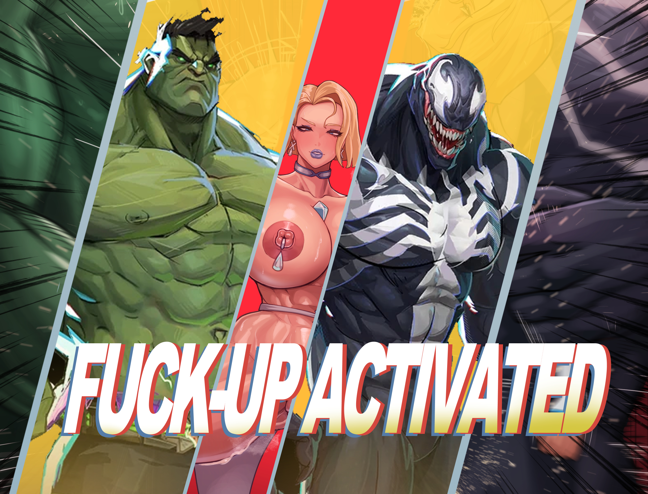 1girls, 2boys, areola, big areola, big breasts, big nipples, blonde eyebrows, blonde female, blonde hair, blue eyes, blue lipstick, bob cut, breasts, breasts bigger than head, bruce banner, choker, earrings, eddie brock, emma frost, emma frost (marvel rivals), enormous breasts, eyebrows, eyelashes, female, hair behind ear, half-closed eyes, huge breasts, hulk, hulk (marvel rivals), hulk (series), kingbang, large breasts, light skin, light-skinned female, looking at viewer, male, marvel, marvel comics, marvel rivals, mature, mature female, medium hair, milf, nipple piercing, nipples, pierced nipples, piercing, pink nipples, slightly open mouth, spider-man (series), venom (marvel rivals), venom (marvel), white queen, x-men