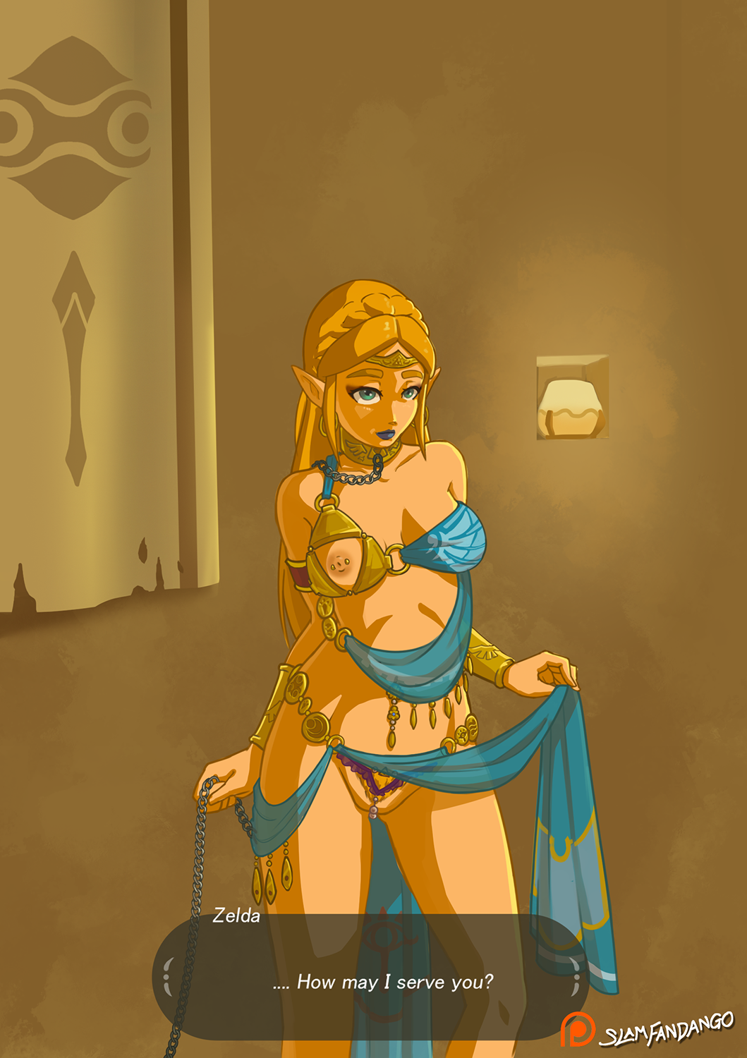 1girls arabian_clothes belly_dancer blonde_hair blue_eyes blue_lipstick breasts breath_of_the_wild chain choker clothed clothing dialogue english_text female female_only hair harem_outfit humanoid hylian jewelry lipstick long_hair mammal nintendo nipples partially_clothed pointy_ears princess_zelda pubic_hair pussy see-through see-through_clothing slamfandango slave solo text the_legend_of_zelda triforce triforce_bikini video_games zelda_(breath_of_the_wild)