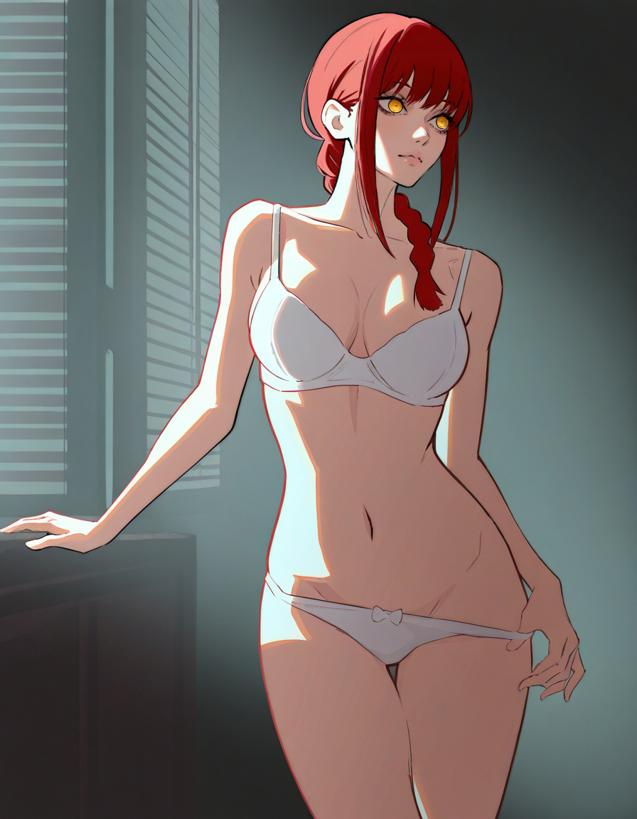 1girls, ai generated, chainsaw man, female, makima (chainsaw man), red hair, solo, underwear, underwear only, white bra, white panties, white underwear, yellow eyes, zloimakak