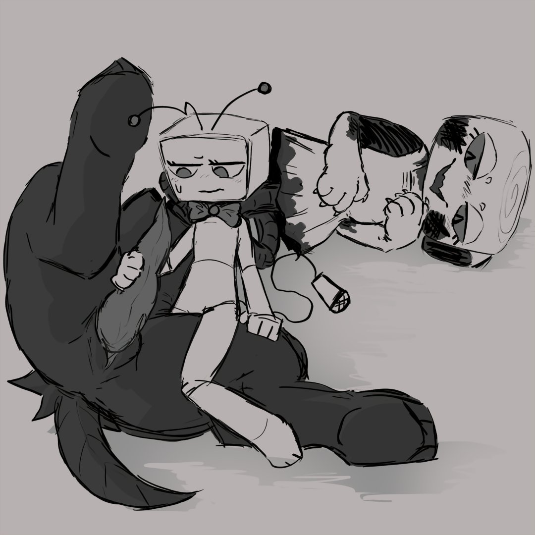 1futa, 1girls, black booty, blush, dandy's world, female, futa/female, futanari, intersex, intersex/female, monster cock, monster girl, mor1642, penis, robot, robot girl, screen face, shelly (dandy's world), size difference, tv head, twisted shelly (dandy's world), vee (dandy's world)
