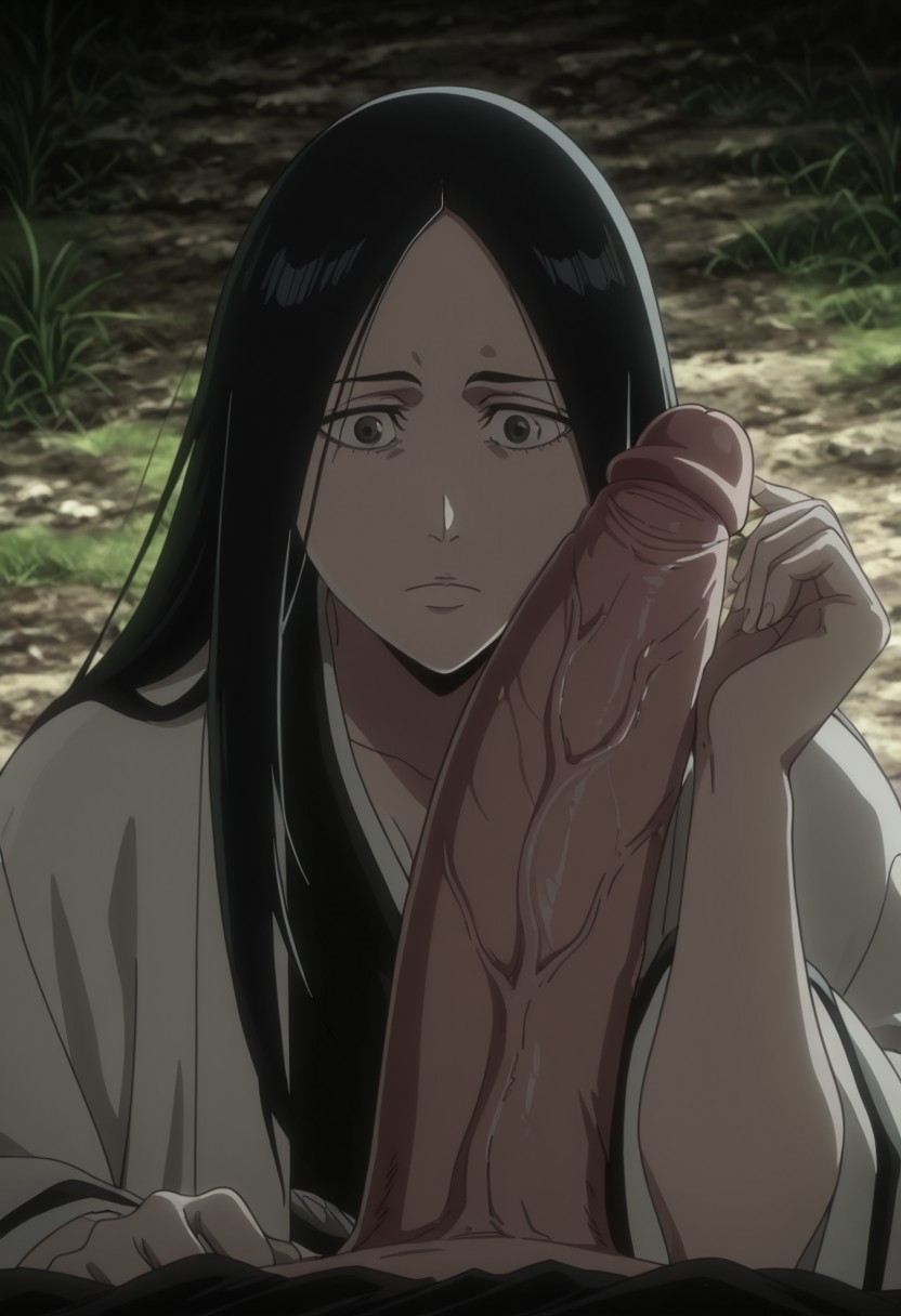 1boy, 1girls, ai generated, big penis, black hair, bleach, bleach: the thousand-year blood war, female, forearm cock, haori, kimono, large penis, light-skinned female, light-skinned male, male, monster cock, novaro1337, penis, penis measuring, shocked, shocked expression, unohana retsu, unohana yachiru, veiny penis, white haori