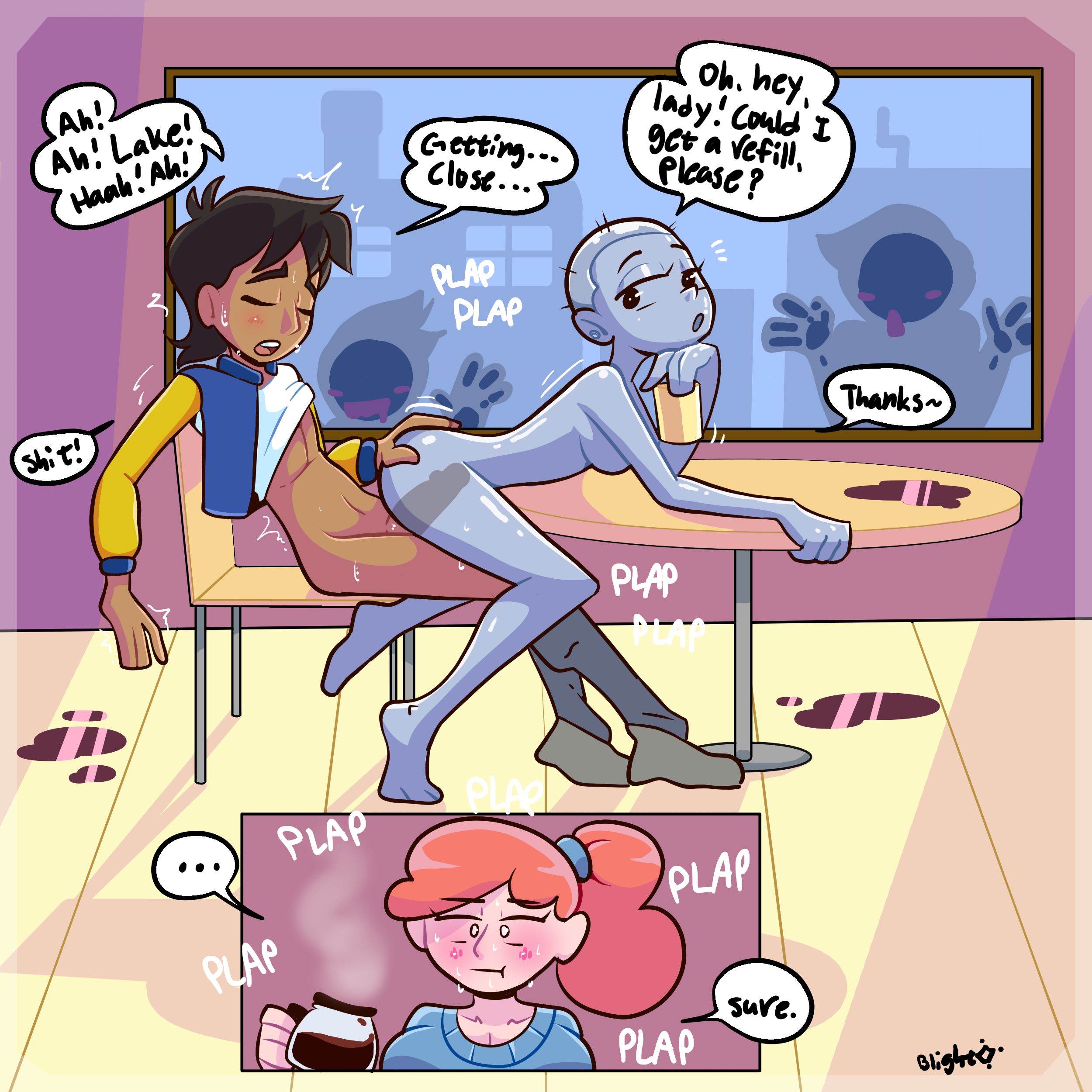 1boy, against glass, aroused bystander, bent over table, blightstar, blush, bystander, casual sex, dialogue, diner, english text, female, infinity train, jesse cosay, lake (infinity train), male, metal girl, metallic body, naked, nonbinary, ordering food, public sex, reverse cowgirl position, shaved head, shocked, sitting, sitting on lap, speech bubble, tagme, waitress