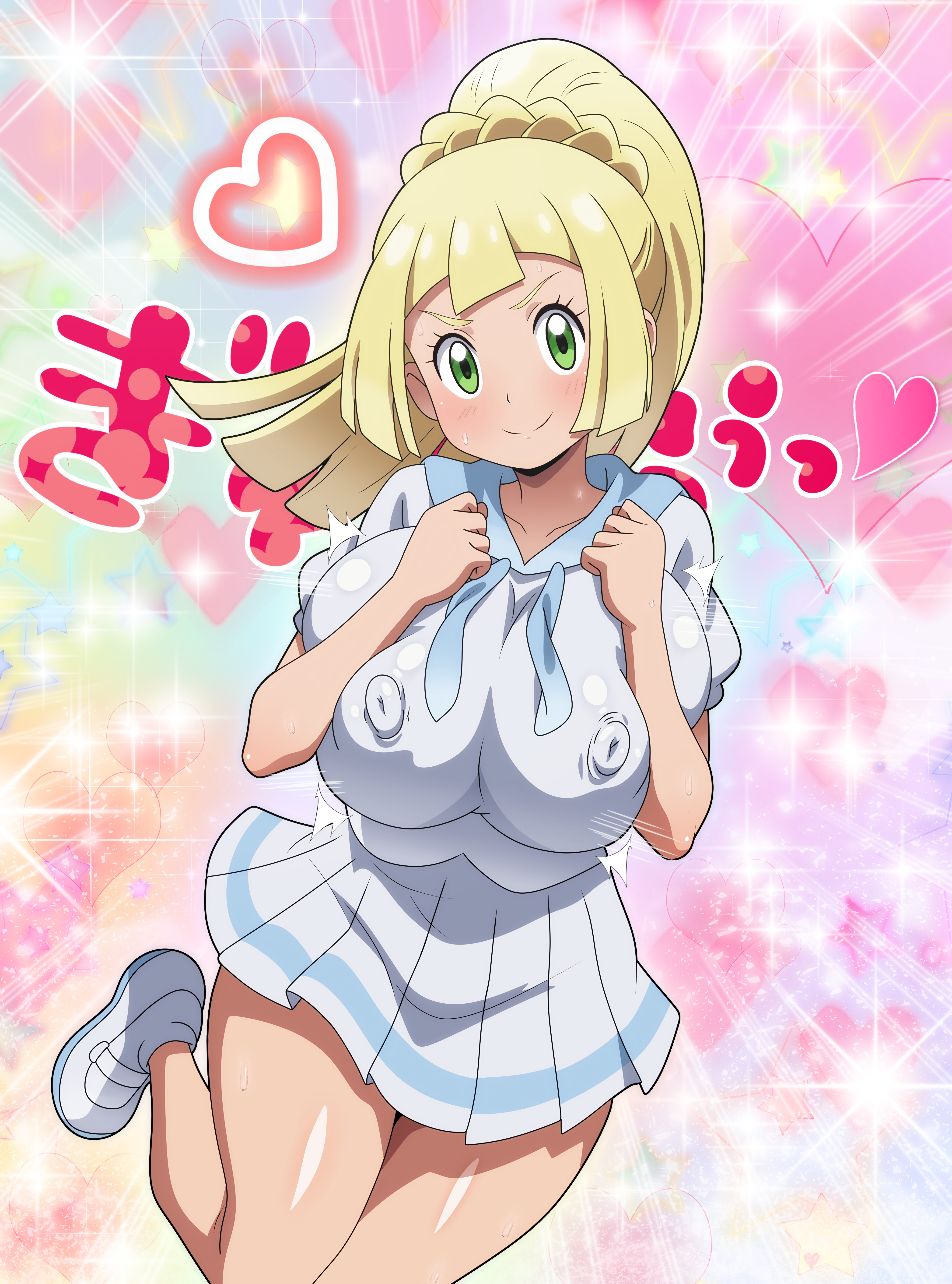 1girls, absurd res, aged up, blonde hair, breasts, clothed, clothed female, female, female only, game freak, green eyes, hi res, highres, hitokiwa kenchin, huge breasts, huge filesize, japanese text, light skin, light-skinned female, lillie (pokemon), long hair, nintendo, nipple bulge, nipples visible through clothing, no bra, nude, nude female, pokemon, pokemon sm, solo, teasing, text, visible nipples