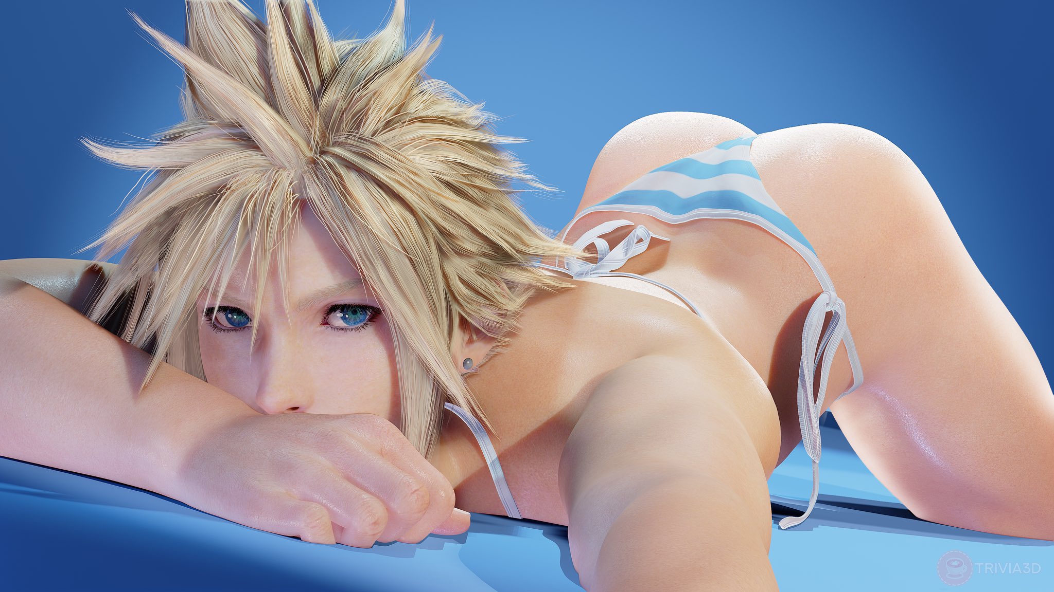 1boy, 3d, ass, ass up, bikini, bikini bottom, blender, blonde hair, blue background, blue eyes, cloud strife, cloudmateria, color, crossdressing, duplicate, ear piercing, earrings, femboy, feminine male, final fantasy, final fantasy vii, human, light skin, light-skinned male, male, male only, no visible genitalia, simple background, smooth skin, smooth skinned male, spiky hair, square enix, thighs, top-down bottom-up, trivia3d (cloudmateria)