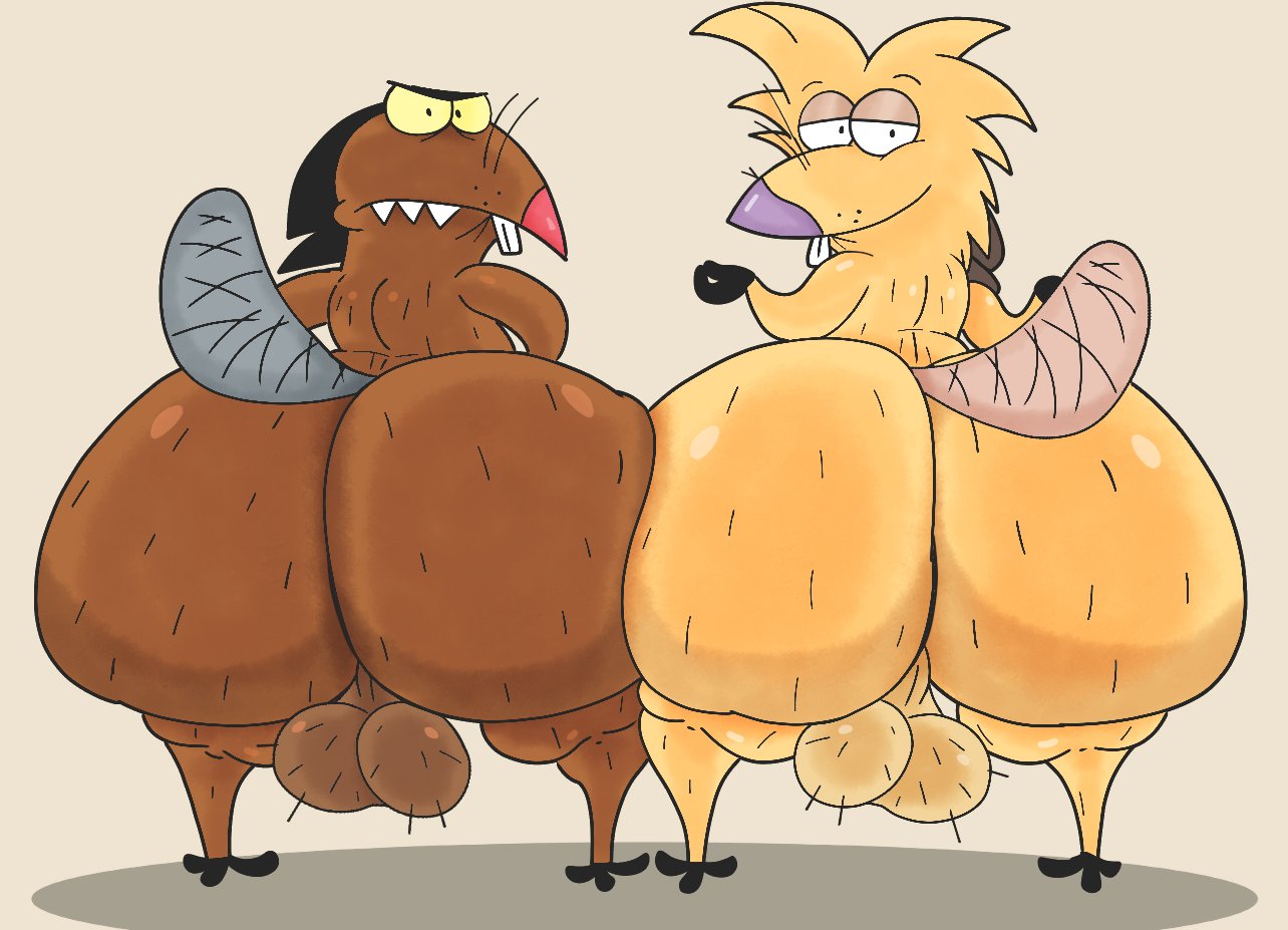 2025 angry anthro ass ass_to_ass balls beaver beaver_tail big_balls big_butt black_eyes blonde_hair brother_(lore) brothers_(lore) brown_body brown_fur brown_tail buckteeth daggett_beaver digital_media_(artwork) duo fur furu_flami genitals grey_tail hair half-closed_eyes huge_butt looking_at_viewer looking_back male mammal narrowed_eyes nickelodeon norbert_beaver purple_nose rear_view red_nose rodent sharp_teeth sibling_(lore) smile standing tail teeth the_angry_beavers thick_thighs yellow_body yellow_fur yellow_sclera
