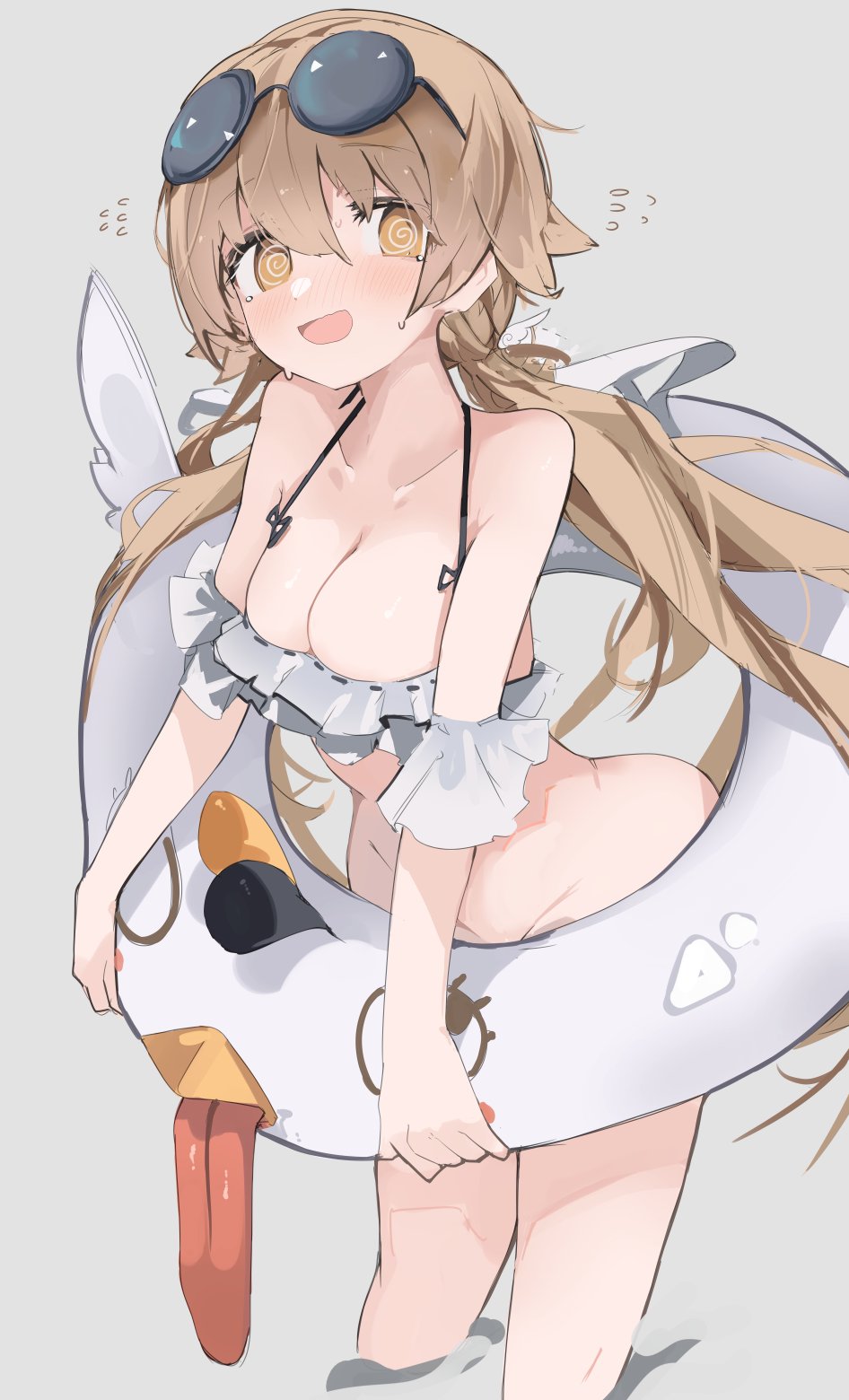 big breasts, blonde hair, blue archive, blush, blushing, breasts, female, hifumi (swimsuit) (blue archive), long hair, mikozin, sunglasses on head, swimsuit, video game character