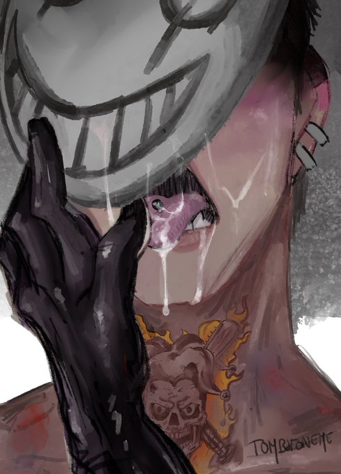 cum cum_dripping cum_on_face cum_on_tongue dead_by_daylight earrings face_obscured frank_morrison gloves male male_focus male_only mask mask_lifted mask_on masked neck_tattoo open_mouth piercings solo solo_male the_legion throat_tattoo tombstoneme tongue_piercing