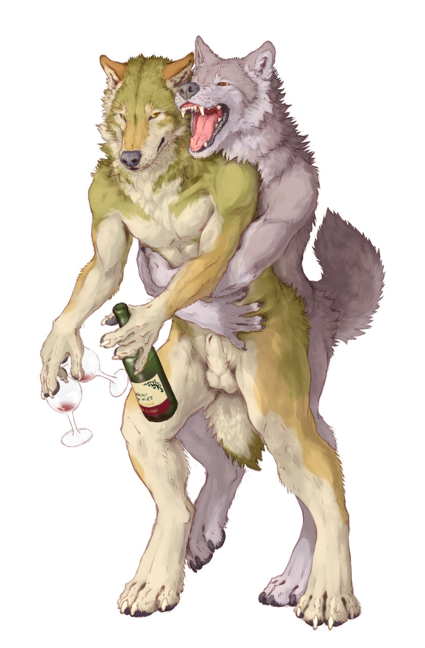 2015 4_toes 5_fingers alcohol animal_genitalia anthro balls beverage canid canine canis claws duo fangs fully_sheathed fur grey_fur hi_res holding_cup hug hugging_from_behind male mammal nude open_mouth orange_eyes pecs sekki sheath simple_background teeth toes tongue wine wine_bottle wine_glass wolf yaoi yellow_eyes