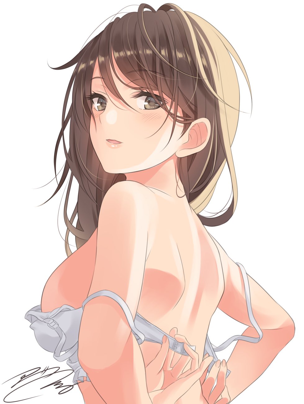 1girls bad_id bad_twitter_id bare_back bare_shoulders blush bra breasts brown_hair commentary_request fumika_asano girls_und_panzer highres long_hair looking_at_viewer medium_breasts mika_(girls_und_panzer) no_headwear parted_lips sideboob signature simple_background solo underwear underwear_only white_background