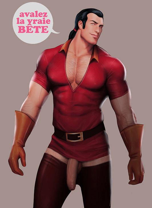 1boy, abs, bara, beauty and the beast (1991 film), belt, color, disney, disney villains, drawnpr0n, flaccid, foreskin, french text, gaston, gloves, long hair, looking at viewer, male, male only, nipple bulge, pants down, pecs, penis, presenting penis, solo, tagme, tied hair, translated, uncensored, uncircumcised, uncut, yaoi