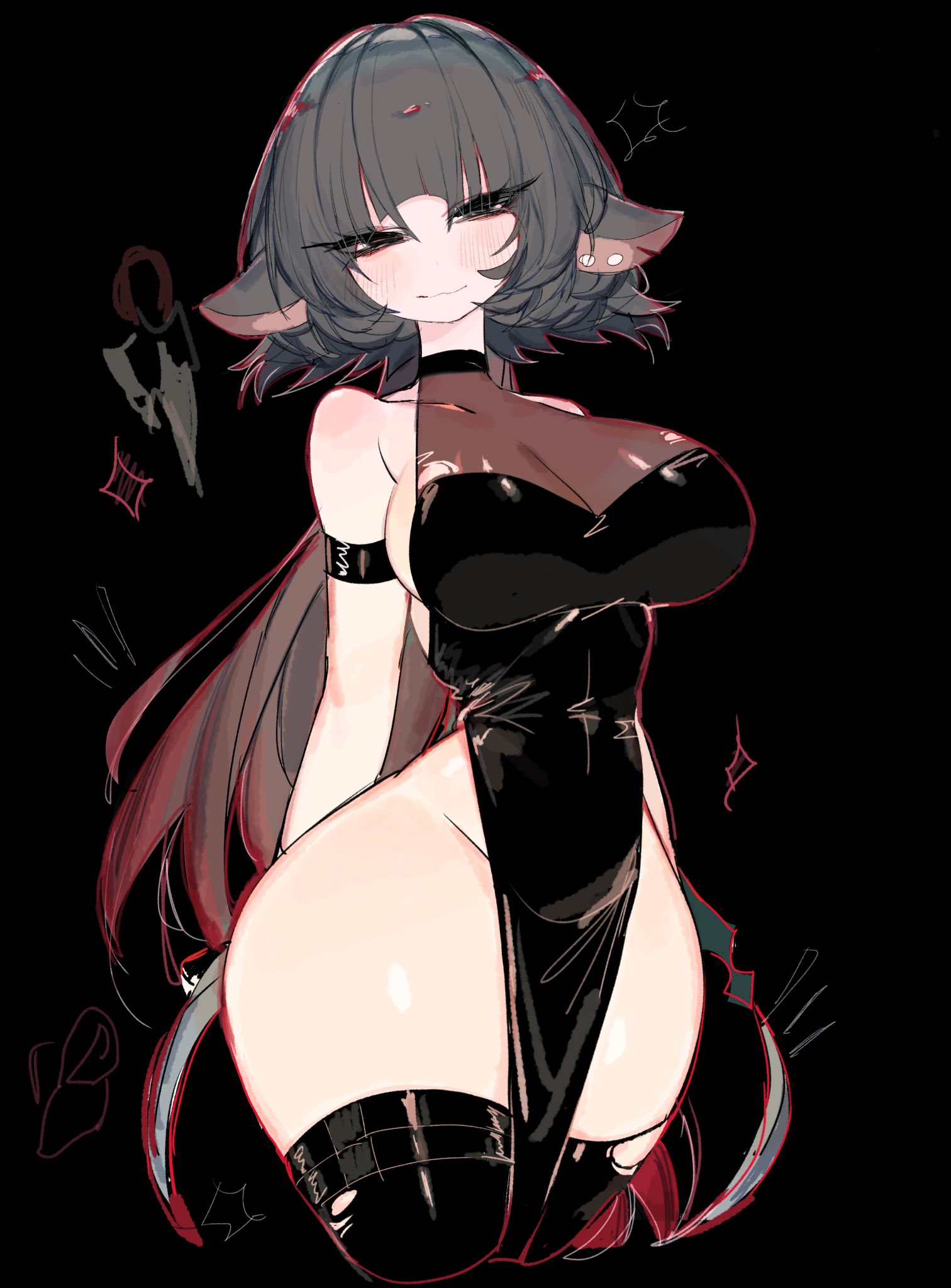 1girls, animal ears, big breasts, black background, black clothing, black eyes, black hair, black legwear, black thighhighs, blush, blushing, breasts, china dress, chinese clothes, cleavage, clothed, clothing, collar, dress, earrings, female, female only, fully clothed, grey hair, hi res, hourglass figure, jane doe (zenless zone zero), looking at viewer, mouse ears, no panties, pelvic curtain, piercing, shiny clothes, short hair, simple background, slim waist, solo, solo female, tail, thick, thick thighs, thighhighs, thighs, tied hair, usa37107692, wide hips, zenless zone zero