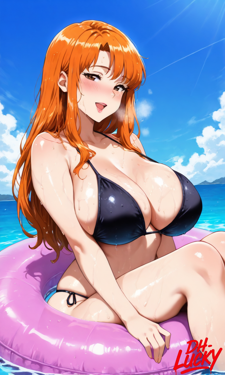 1girls ai_generated ane_wa_yanmama_junyuuchuu_in_jikka beach beautiful_females big_breasts bikini black_bikini blush blush_lines breast breasts dh_lucky female gigantic_breasts green_sarong huge_breasts innertube long_hair mature_female necklace orange_hair outdoor outdoors partially_submerged sano_aika smiling solo solo_female submerged sunset thick_thighs thighs wet wet_body wide_hips