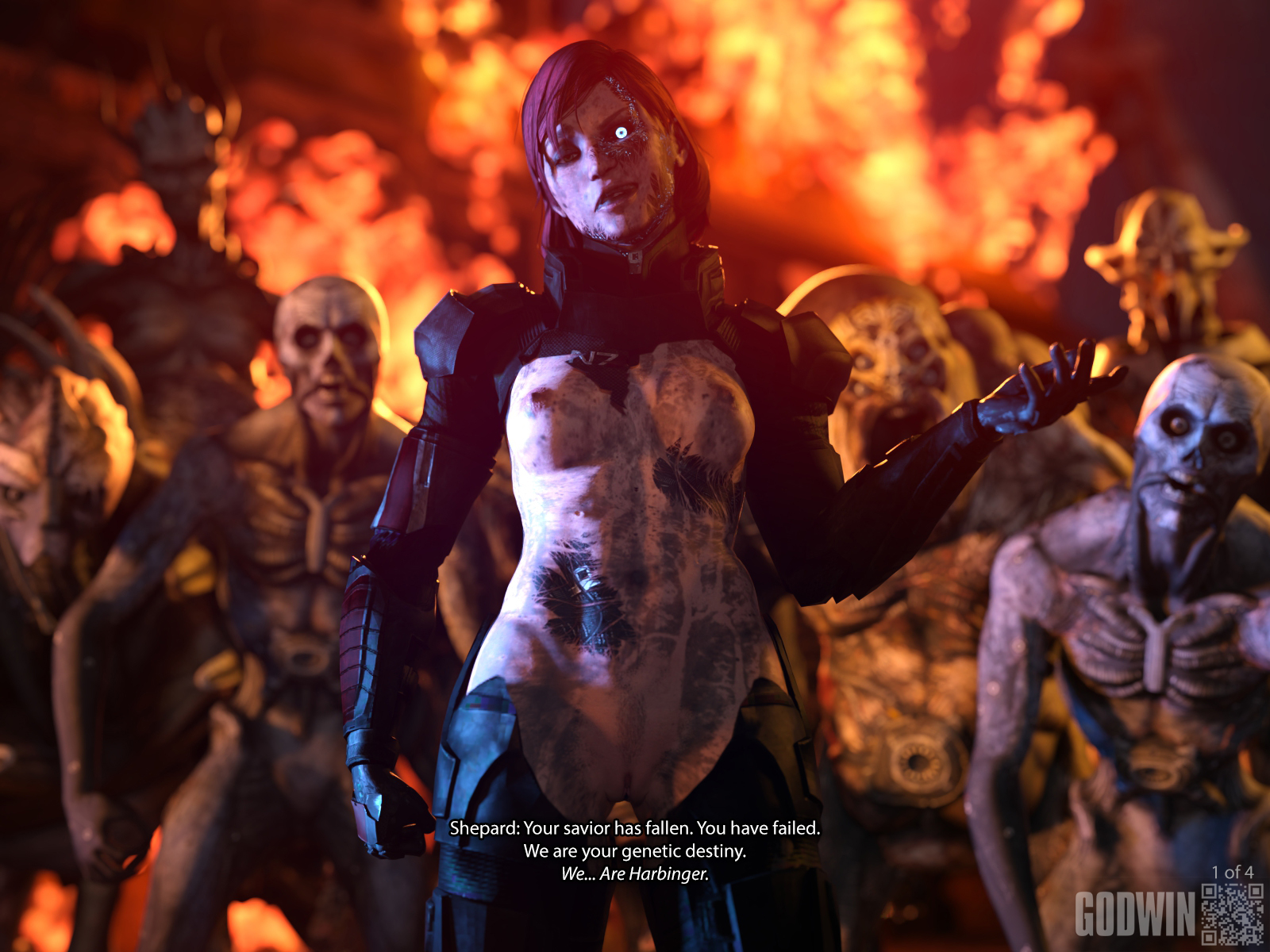 1girls, 3d, abdomen, abs, areolae, armor, armored female, asari, bad end, banshee (mass effect), batarian, breasts, broken, broken armor, brute (mass effect), cannibal (mass effect), caption, clothing damage, comic, comic page, commander shepard, corrupted, corruption, damaged clothes, dark, destroyed clothing, dialogue, dirt, dirty, evil grin, female, femshep, fit female, gloves, glowing eyes, godwin, green eyes, grin, harbinger (mass effect), horror, human, humanoid, husk (mass effect), identity death, krogan, light-skinned female, looking at viewer, marauder (mass effect), mass effect, mass effect 3, mutation, neroxliv, nipples, nude, nude female, page 1, possessed, possession, pubic hair, pussy, reaper, reaper (mass effect), red hair, ripped clothing, scar, scarred, subtitled, tagme, talking, talking to viewer, torn clothes, torn clothing, turian, vagina, wounded, zombie, zombie girl