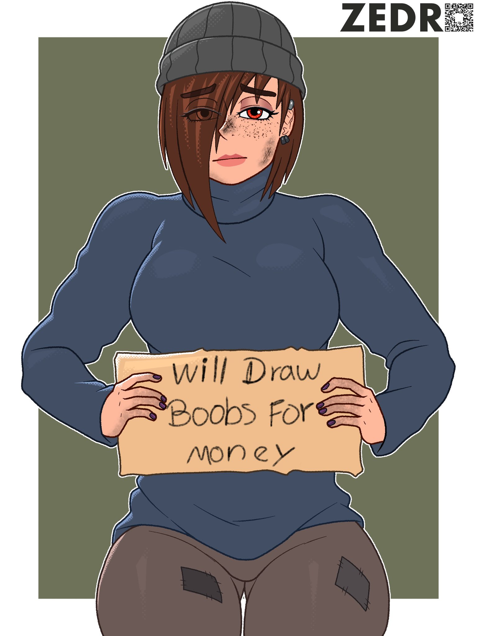 beggar, big breasts, big thighs, big titties, breasts, brown hair, clothing, curvaceous, curvaceous female, curvaceous figure, curvy, curvy figure, curvy hips, english text, female, female focus, female only, homeless, homeless female, homeless girl, looking at viewer, original, original character, polly (zedro), short hair, text, zedro