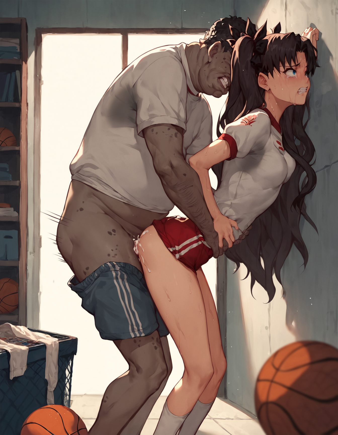 1boy, 1girls, against wall, age difference, ai generated, cheating, cheating girlfriend, clenched teeth, clothed sex, creampie, crying, crying with eyes open, cum in pussy, dark skin, dark-skinned male, doggy style, fat male, fat man, fate (series), fate/stay night, female, gym storeroom, gym uniform, helpless, light skin, light-skinned female, long hair, male, motion lines, penis, pussy, rape, raped, rtxfus, rtxfus34, shirt, shorts, shorts aside, shorts down, standing, standing sex, stealth sex, storage room, sweat, sweatdrop, sweating, teacher, teacher and student, tohsaka rin, torso grab, ugly bastard, young, younger female