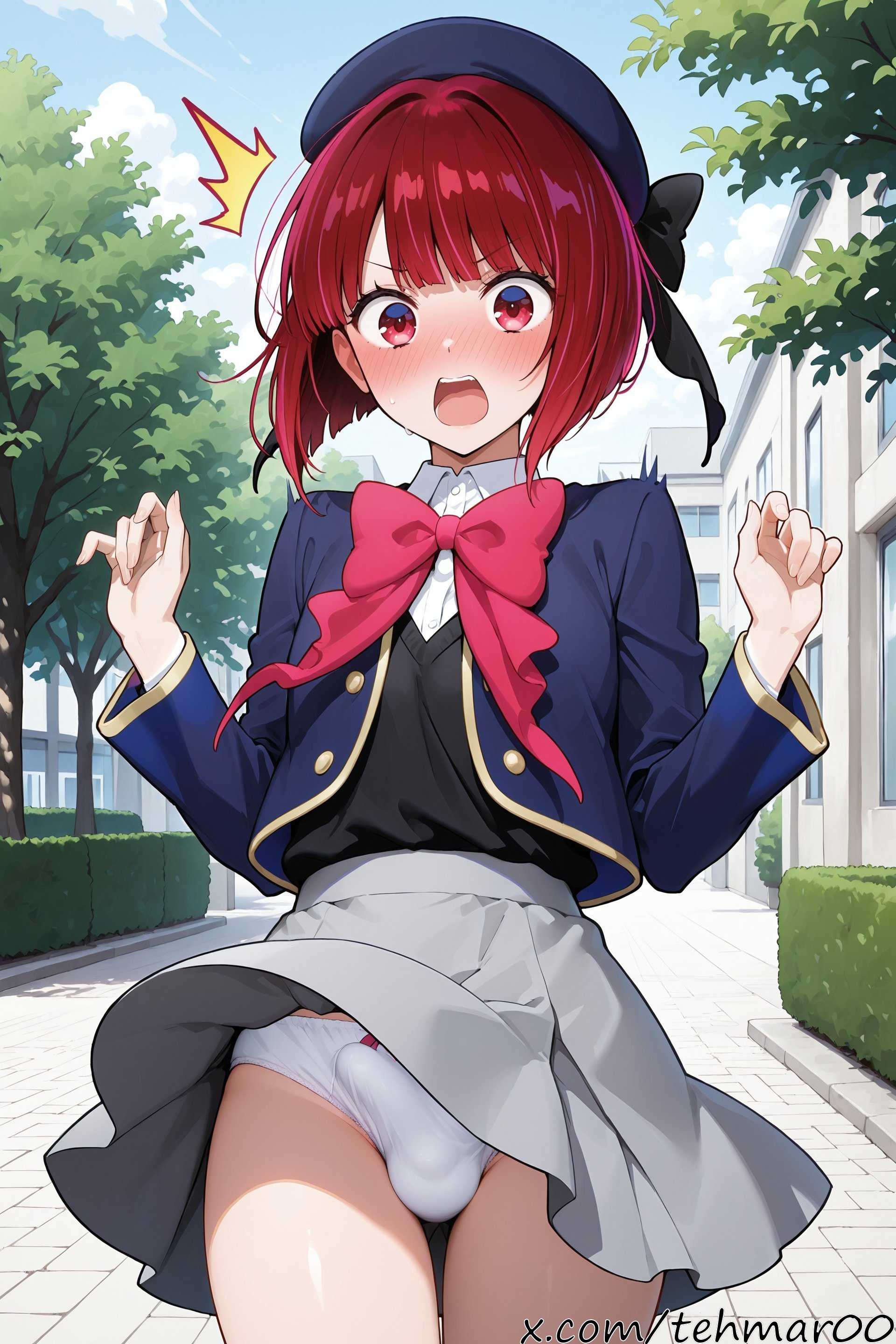 1boy, ai generated, arima kana, bangs, blue headwear, blue jacket, blush, bow, bow panties, bowtie, bulge, cowboy shot, day, embarrassed, femboy, genderswap (ftm), hat, jacket, long sleeves, looking at viewer, male, open mouth, oshi no ko, outdoors, panties, penis in panties, pleated skirt, red bow, red eyes, red hair, rule 63, school uniform, shirt, short hair, skirt, sky, solo, standing, surprised, tagme, tehmar, trans woman, transfem, trap, tree, underwear, white panties, wind, wind lift
