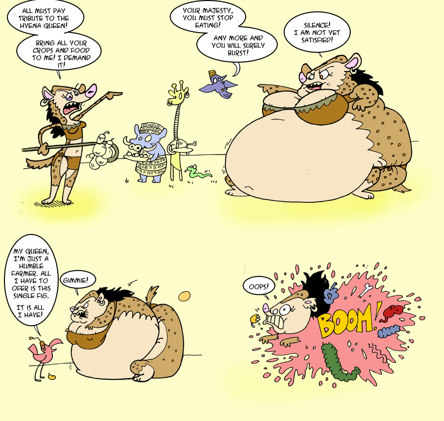 2011 agouti-rex anthro belly big_belly big_breasts breasts brown_body brown_fur english_text explosion female fur gore group huge_belly hyena mammal nah overweight simple_background speech_bubble text weight_gain