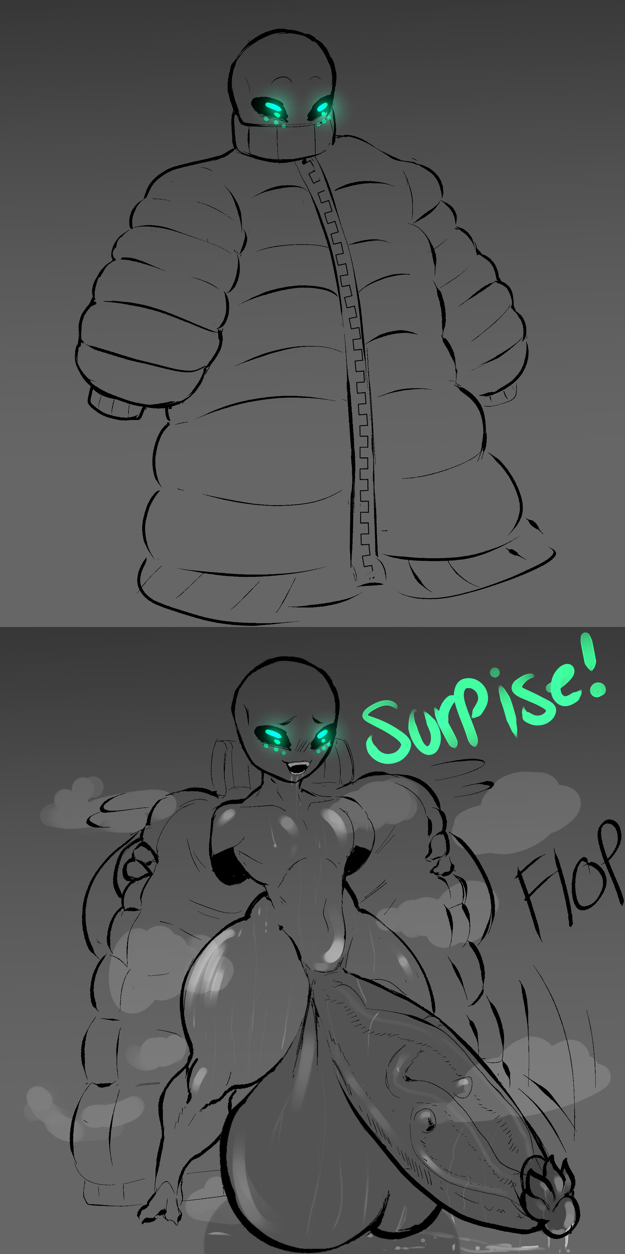 alien, alien boy, alien humanoid, balls, big balls, big penis, coat, cream (repomorame), drooling, english, english text, femboy, flashing, glowing, glowing eyes, glowing green eyes, green eyes, huge balls, hung, hung femboy, male, male only, open coat, penis, removed clothing, removing clothing, repomorame, revealing, shadow, sharp teeth, smooth balls, smooth skin, solo male, surprise, sweat, sweat clouds, sweat drops, sweatdrop, sweating, text, thick clothes, vein, veins, winter clothes, winter coat, zipper