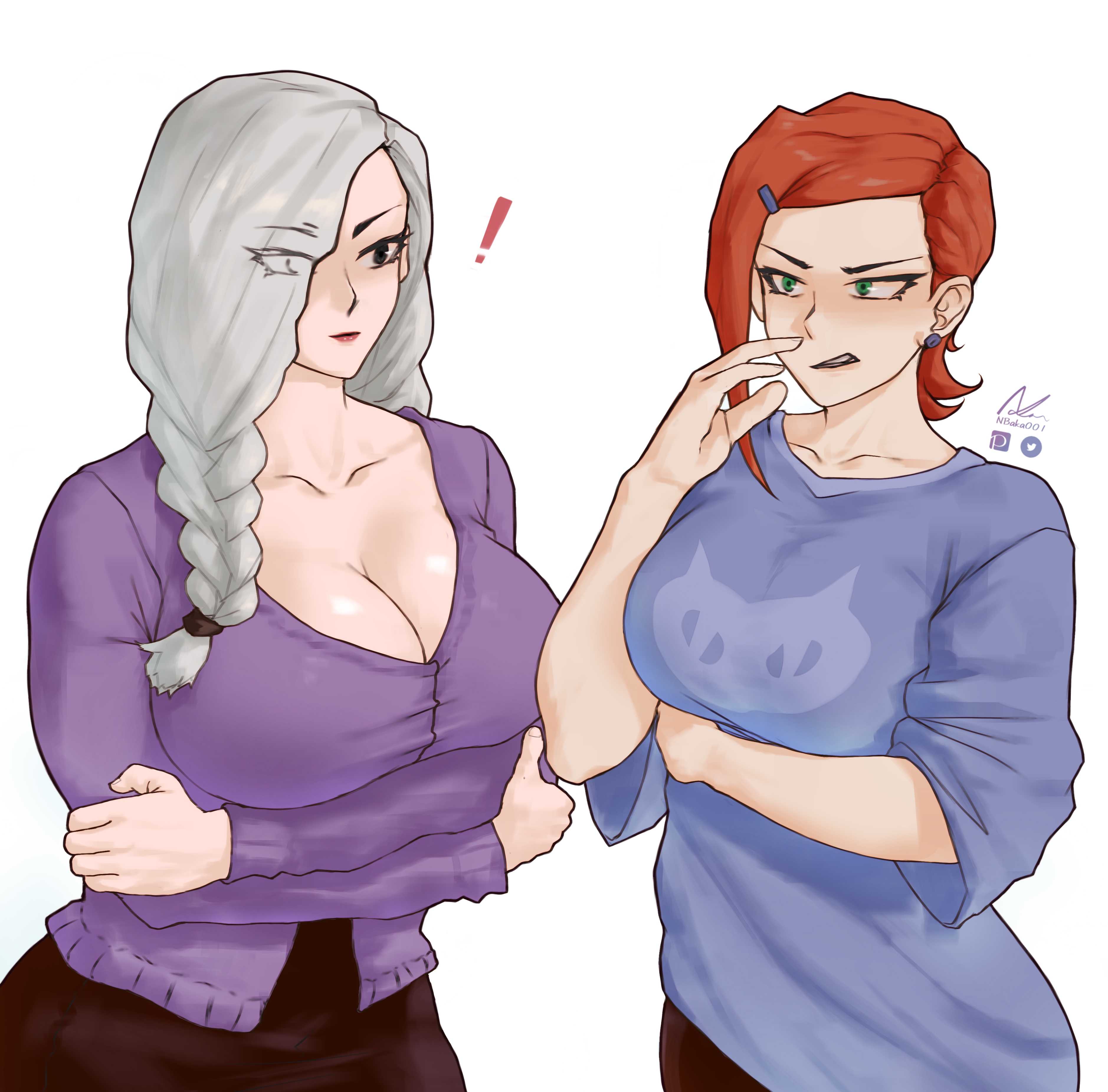 2girls, aged up, ben 10, ben 10 (classic), big breasts, braided hair, breasts, crossover, female, female only, green eyes, gwen tennyson, gwen tennyson (classic), hair over one eye, jujutsu kaisen, mei mei (jujutsu kaisen), mommy, multiple females, multiple girls, nbaka001, orange hair, simple drawing, staredown, white hair