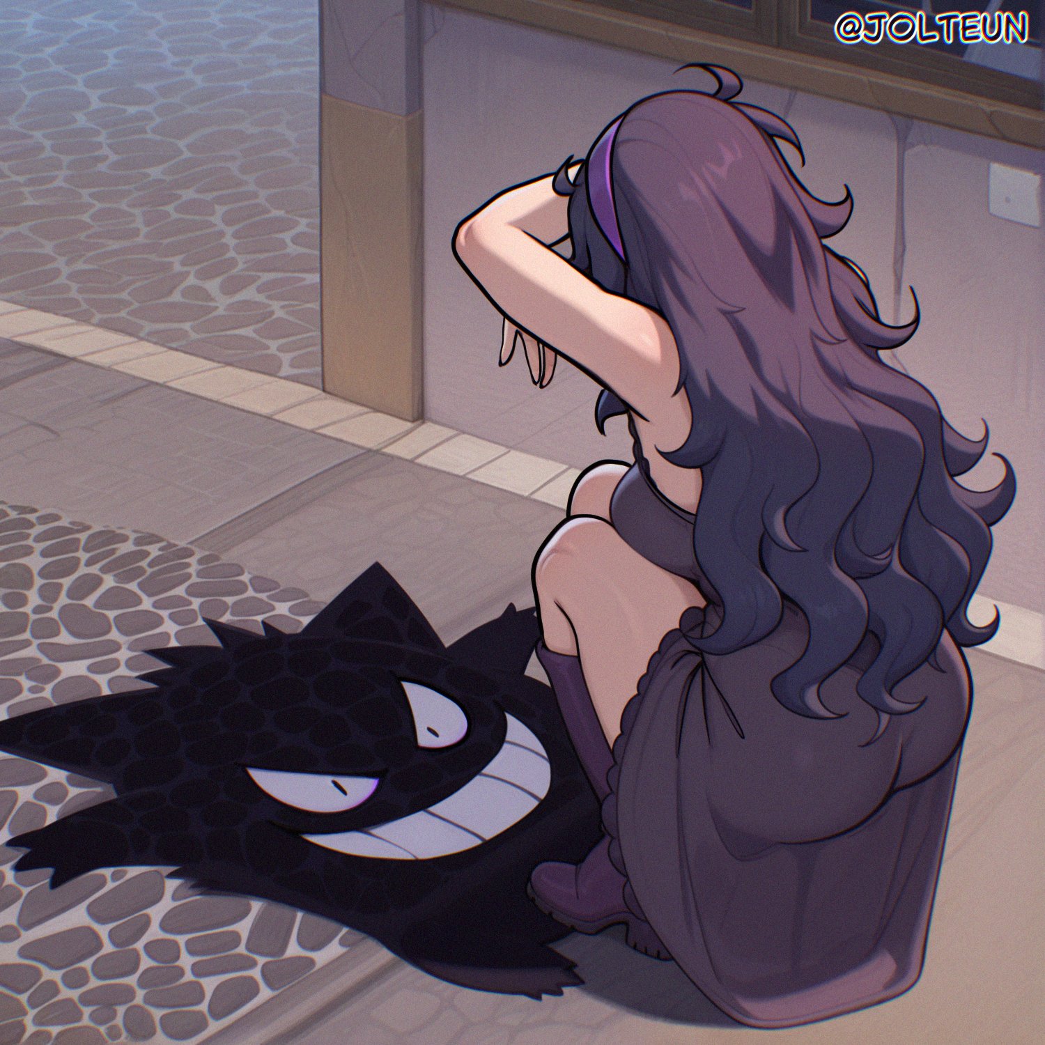 1girls, ai generated, artist name, artist signature, ass, ass focus, ass in dress, bare shoulders, big ass, big butt, bird's-eye view, boots, breasts, cat shadow puppet (meme), creatures (company), crouching, crouching female, curvaceous, curvy, curvy female, curvy figure, dress, female, female focus, female only, gamefreak, gengar, hairband, hex maniac, hi res, high resolution, high-angle view, highres, jolteun, large ass, light skin, light-skinned female, long hair, meme, meme reference, nintendo, pokemon, pokemon (game), pokemon (species), pokemon ss, pokemon xy, pose, posing, purple hair, reference, shadow, shadow puppet, sideboob, solo, solo female, solo focus, squatting, tagme, viewed from above, voluptuous, voluptuous female