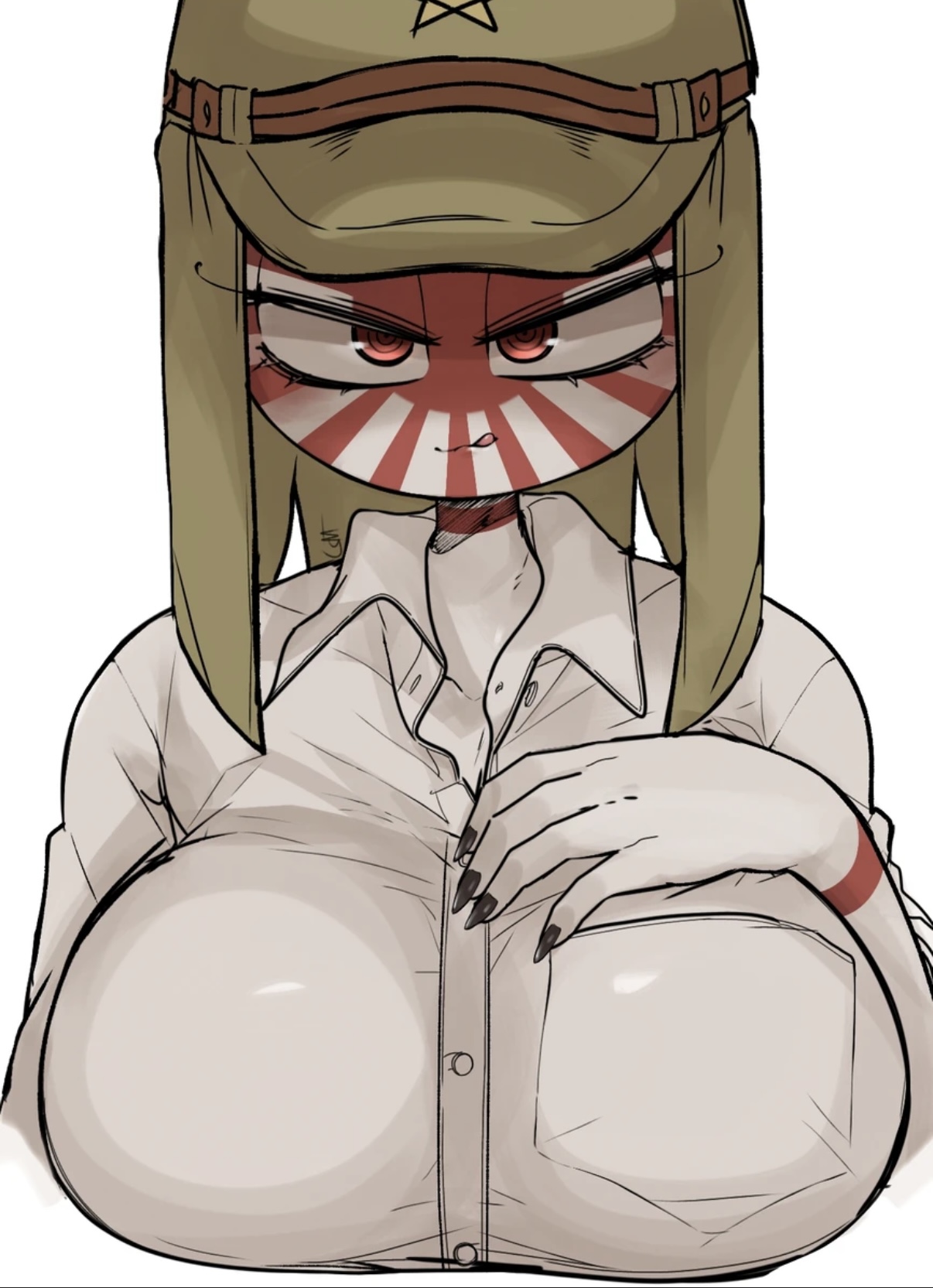 breasts, countryhumans, countryhumans girl, female, japanese empire (countryhumans), kuzuyu (artist), large breasts, large tits, seductive, seductive eyes, seductive look, seductive mouth, seductive smile, tight clothes, tight clothing, tight shirt