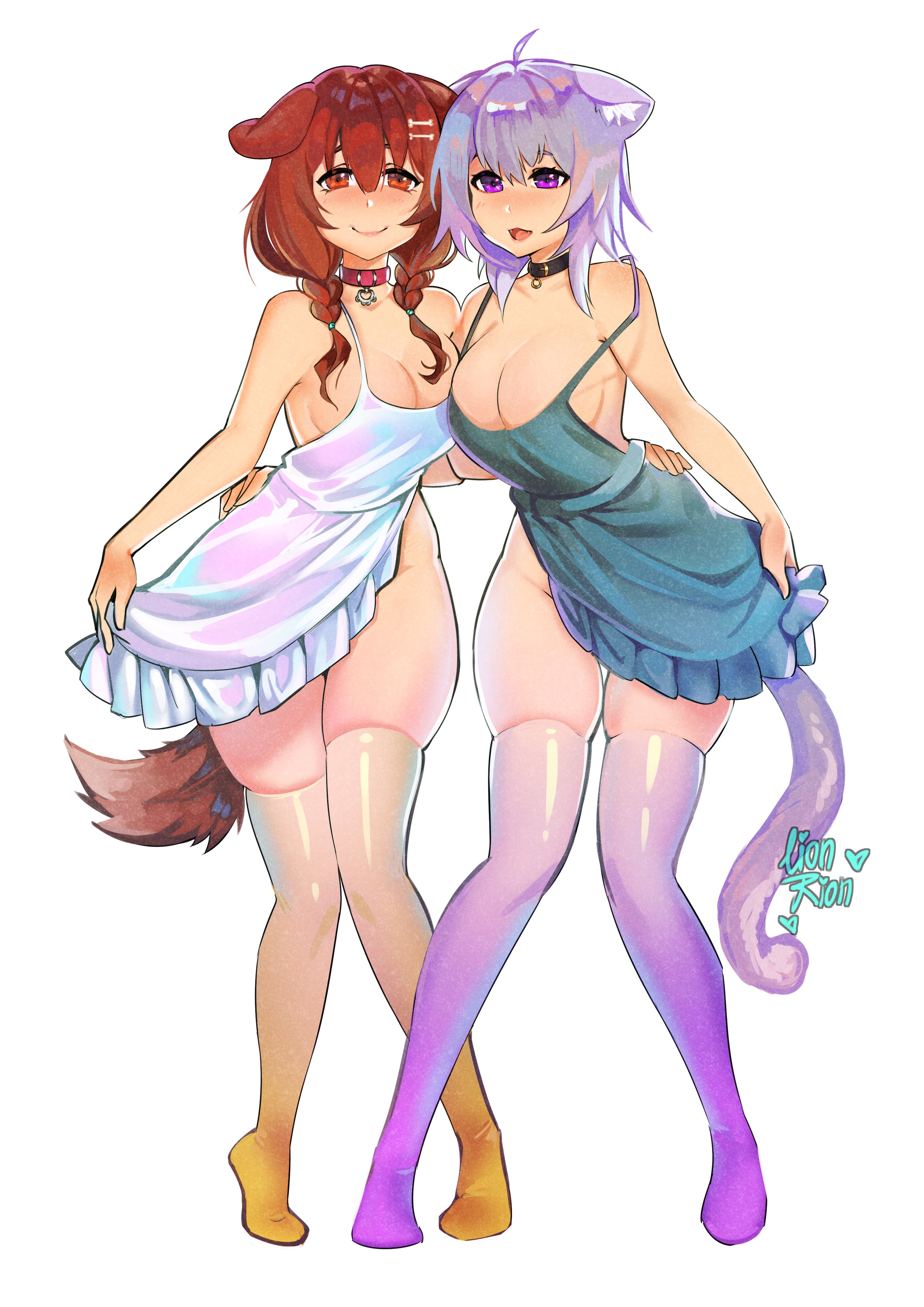 1girls, 2girls, animal ears, animal tail, blush, blush lines, blushing, breasts, brown eyes, brown hair, cat ears, cat girl, cat tail, collar, dog ears, dog girl, dog tail, eyes visible through hair, fangs, female, female only, glossy lips, hair ornament, hairclip, hands on hips, hololive, hololive gamers, hololive japan, inugami korone, kemonomimi, large breasts, lifting clothing, lionrion, looking at viewer, naked apron, nekomata okayu, open mouth, pigtails, purple eyes, purple hair, short hair, smile, there i tagged it for you lazy asshole, thick thighs, thighhighs, thin waist, virtual youtuber, wide hips