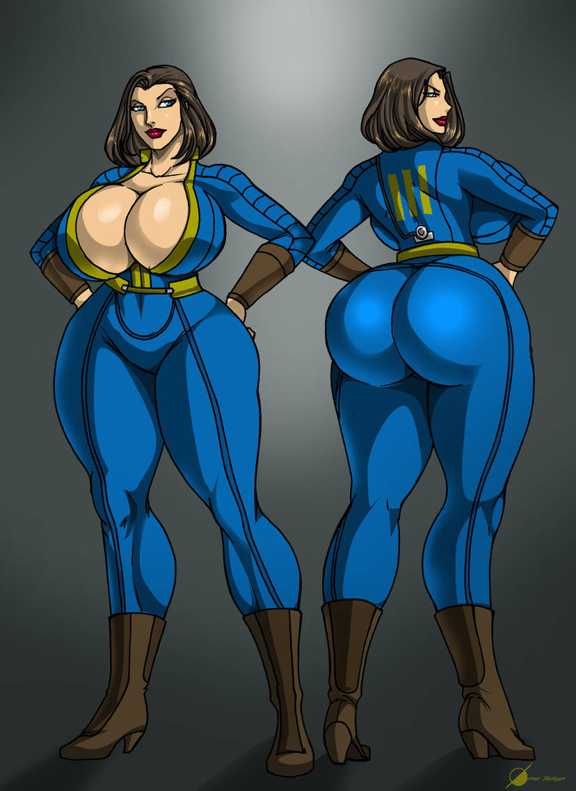 1girls, ass, behind view, bethesda softworks, big ass, big breasts, breasts, cleavage, fallout, fallout 4, female, front view, high heel boots, huge ass, huge breasts, no source, nora (fallout 4), osmar-shotgun, red lipstick, sole survivor, sole survivor (female), solo, thick thighs, thighs, vault suit, wide hips