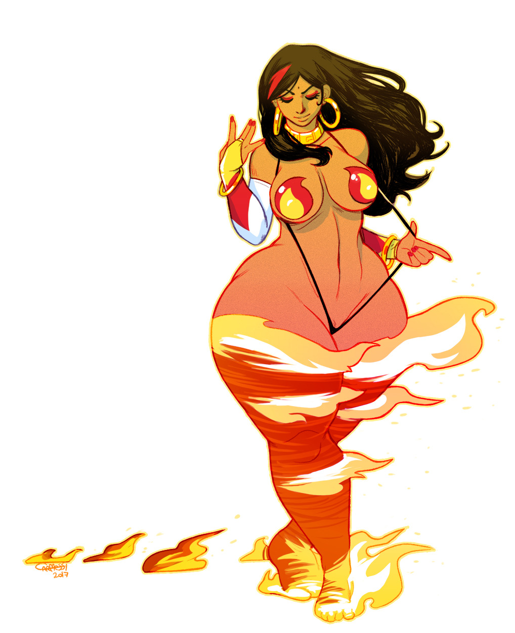 1girls bimbo bottom_heavy bracelet bridal_gauntlets carmessi earrings eyeshadow fire full_body gala hoop_earrings hourglass_figure latina long_hair mole_on_forehead nail_polish nipple_covers pyrokinesis sling_bikini streaked_hair wasp_waist wide_hips wind