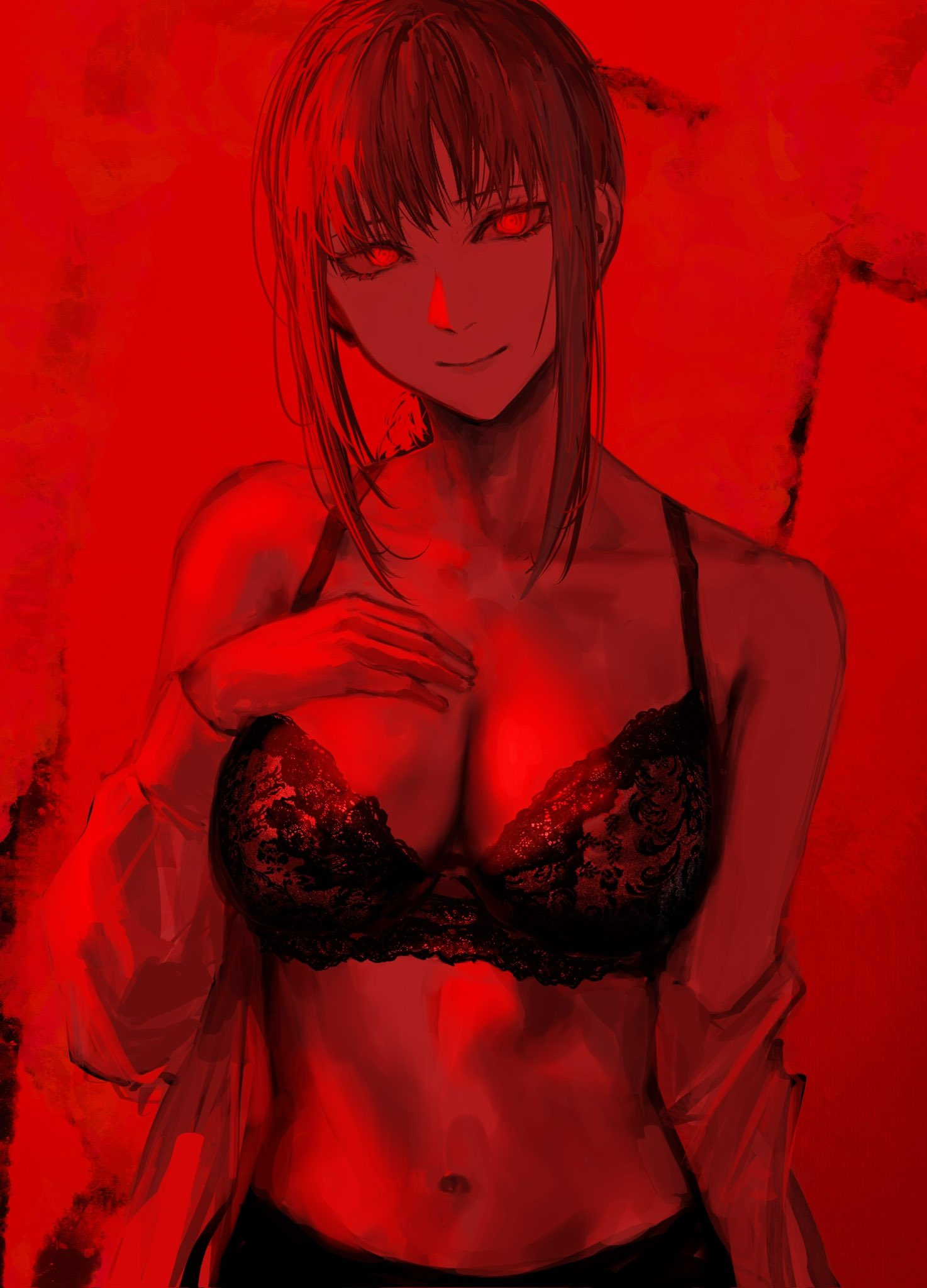 big breasts, bikini, black bikini, black bra, bra, breasts, chainsaw man, cleavage, female, glowing eyes, hand on breast, large breasts, looking at viewer, makima (chainsaw man), presenting, presenting breasts, raberu ruru, red background, red lighting, shirt down, shirt open, smile, smiling, smirk, suggestive, suggestive look, suggestive smile, waist