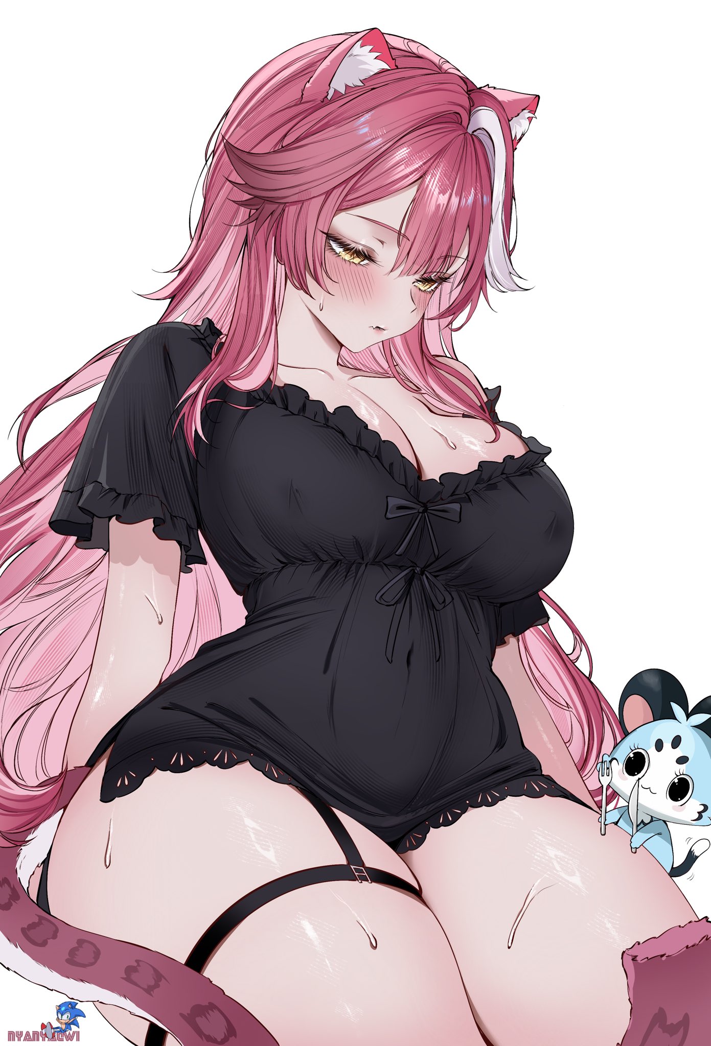 animal ears, black nightgown, breasts, chattino (raora panthera), cleavage, covered nipples, fan mascot (vtuber), female, fork, highres, holding, holding fork, holding knife, hololive, hololive english, hololive english -justice-, knife, large breasts, long hair, nightgown, nyanyaqwi, panther ears, panther girl, pink hair, raora panthera, simple background, sonic (series), sonic the hedgehog, sweat, virtual youtuber, vtuber, white background, white streaks, yellow eyes, youtube, youtuber, youtuber girl, youtubers