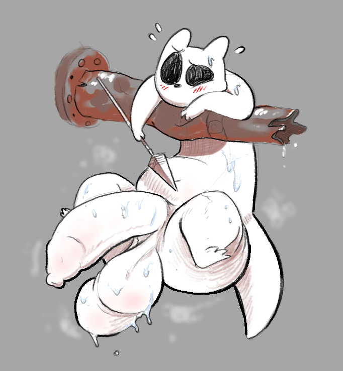 2025 anthro balls big_balls big_penis black_eyes black_nose blush blush_lines bodily_fluids digital_media_(artwork) fur genitals grey_background hanging_by_arms holding_melee_weapon holding_object holding_on holding_polearm holding_spear holding_weapon male melee_weapon penis pokonuki polearm rain_world simple_background slugcat solo spear survivor_(rain_world) sweat tail three-quarter_view tube videocult weapon white_body white_ears white_fur white_tail