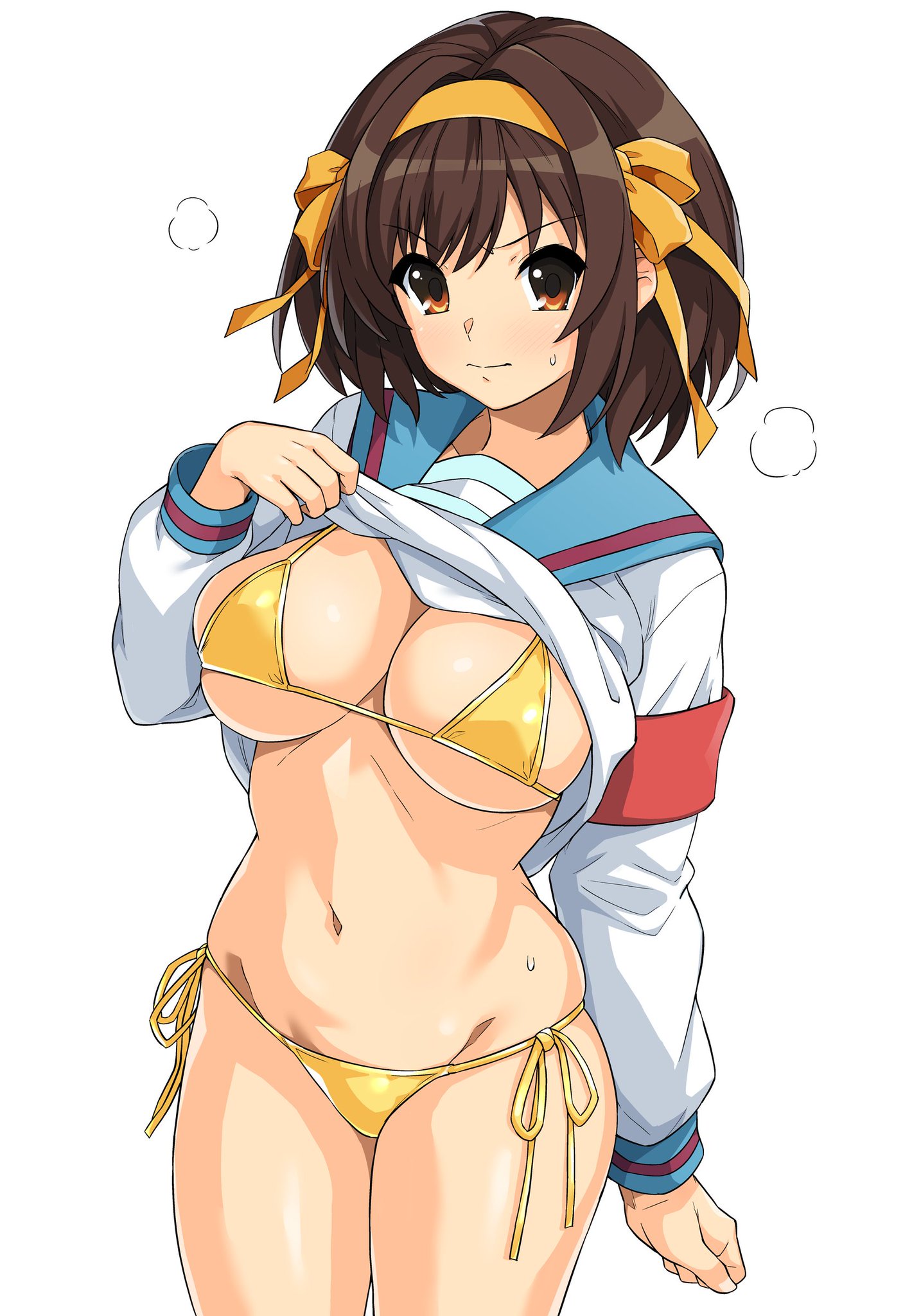 1girls, angry, angry female, belly button, blouse lift, breasts, brown eyes, brown hair, clothing, female, gold bikini, golden week, hair ribbon, haruhisky, large breasts, navel, north high school uniform, short hair, side-tie bikini, solo, suzumiya haruhi, suzumiya haruhi no yuuutsu, swimsuit, yellow bikini, yellow bikini bottom, yellow bikini top