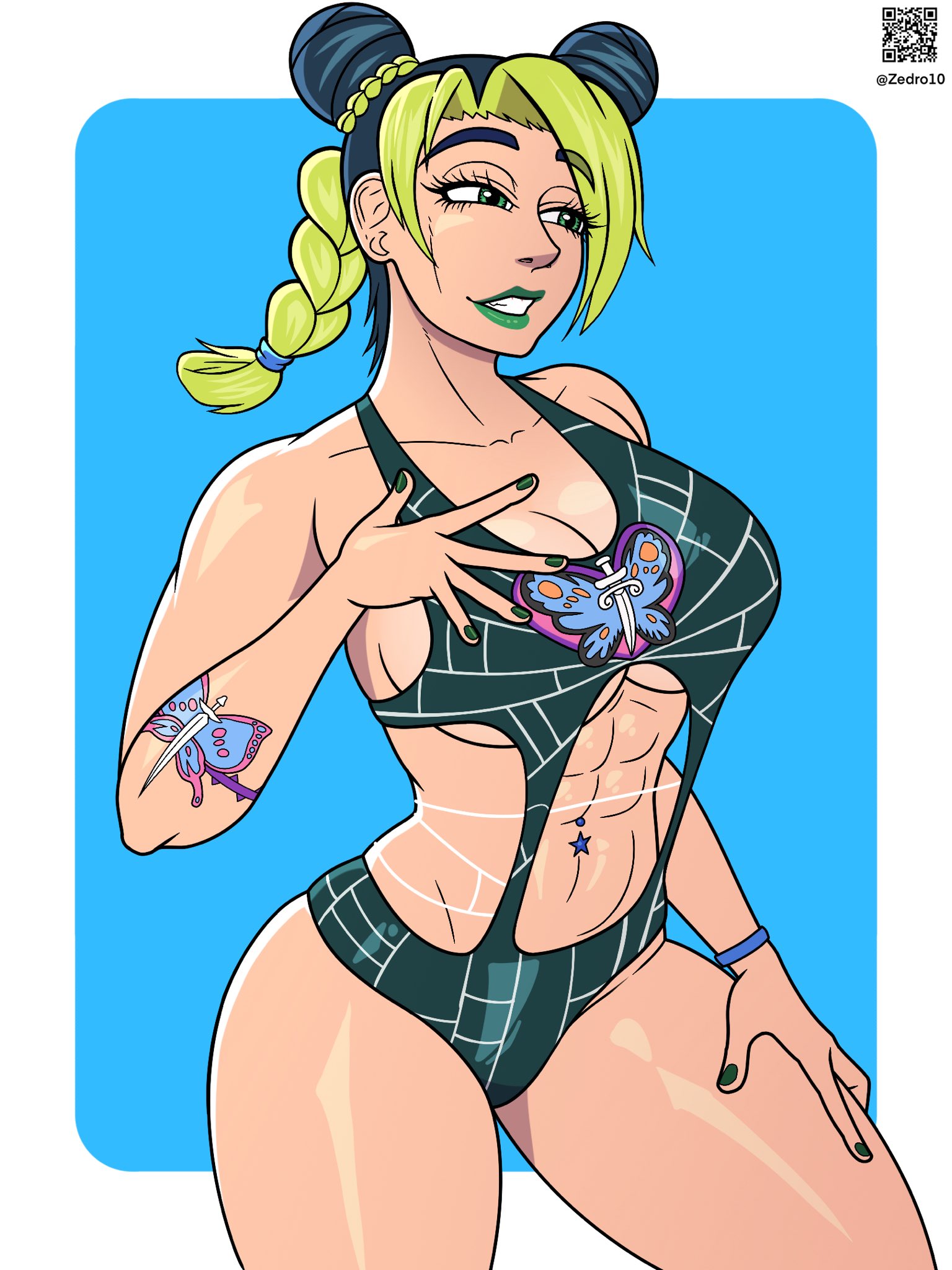 ass, big ass, big breasts, big butt, big thighs, big titties, breasts, cleavage, clothing, curvaceous, female, female only, hi res, jojo's bizarre adventure, jolyne kujo, looking at viewer, short hair, solo, tattoo, zedro