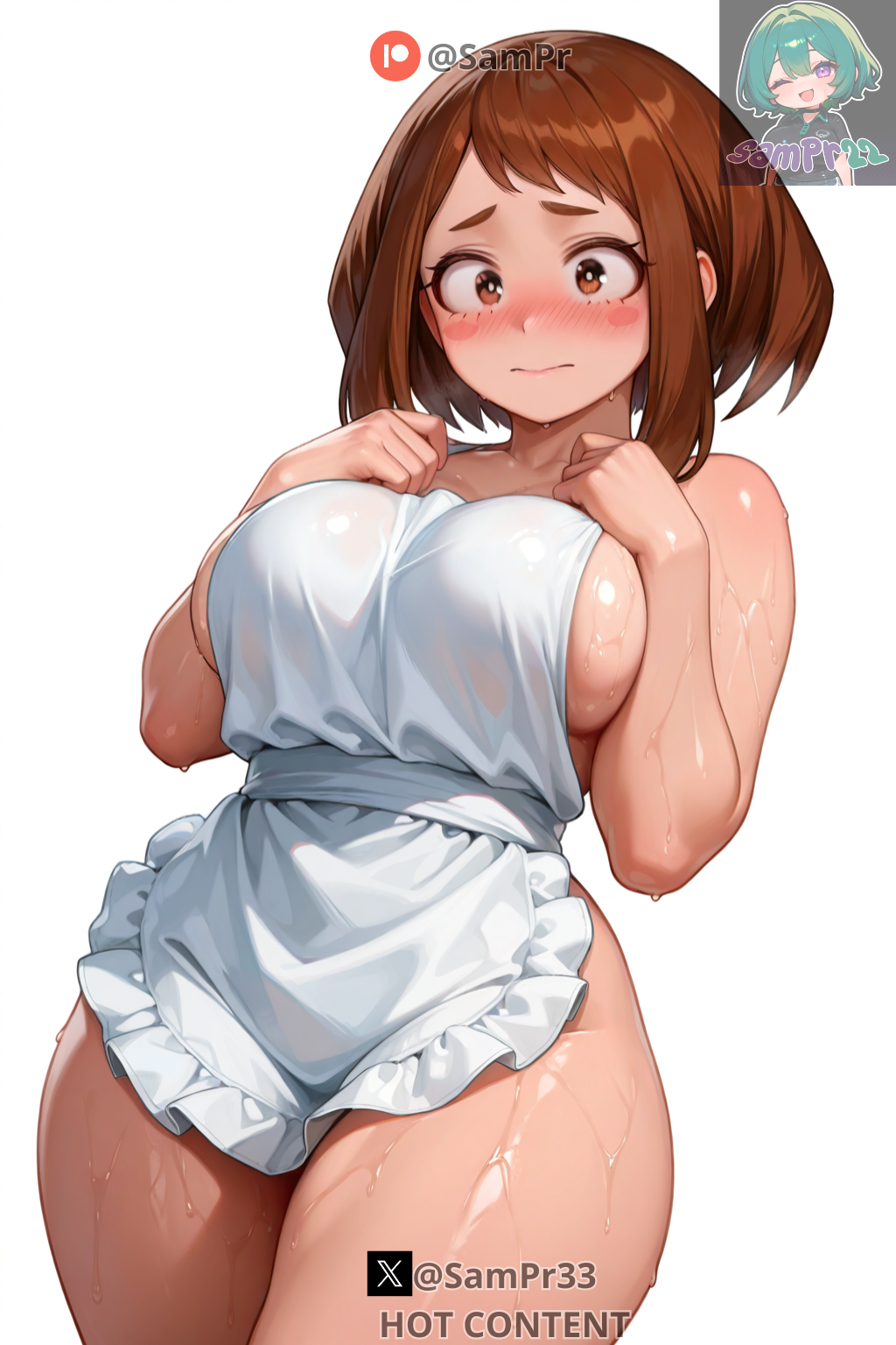 1girls, ai generated, artist name, bangs, bare shoulders, big breasts, blush, breasts, brown eyes, brown hair, brown-haired female, chubby female, clothing, collarbone, curvy, embarrassed, eyelashes, female, female focus, female only, highres, hips, human, large breasts, looking at viewer, medium hair, mostly nude, my hero academia, naked apron, no bra, no panties, ochako uraraka, patreon username, pinup, sampr22, shiny skin, sideboob, simple background, solo, solo female, sweat, sweatdrop, thick thighs, thighs, twitter username, voluptuous, watermark, white background, wide hips