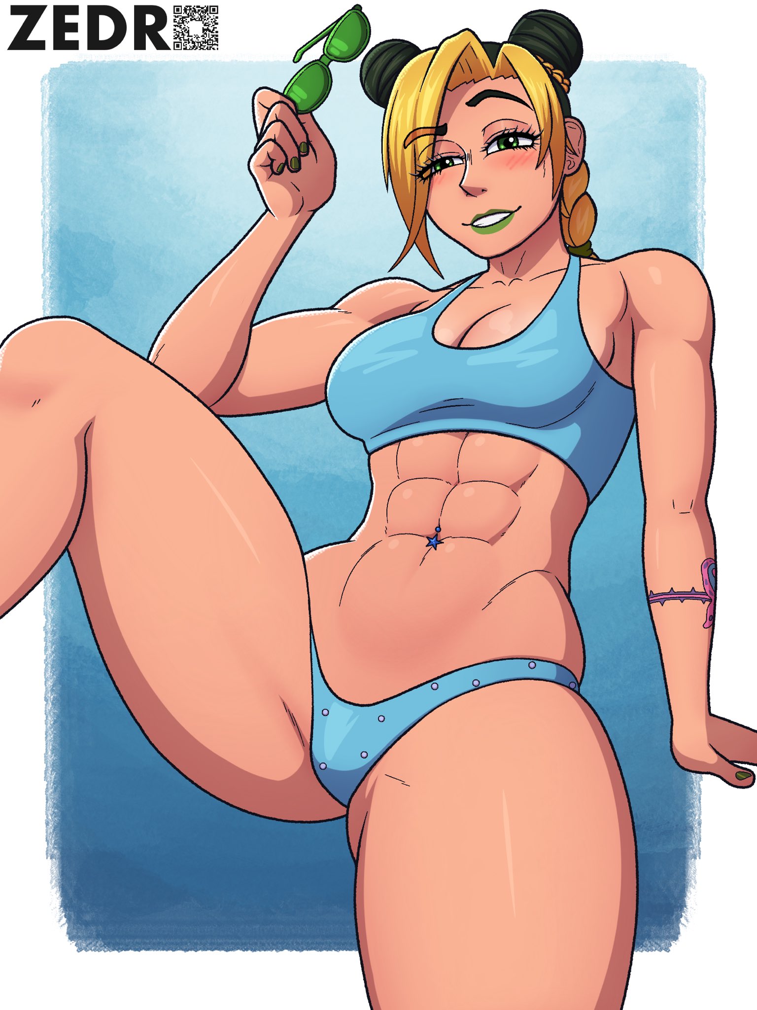 abs, ass, big ass, big breasts, big butt, big thighs, big titties, bikini, blush, breasts, clothing, curvaceous, female, female only, hi res, jojo's bizarre adventure, jolyne kujo, looking at viewer, short hair, solo, tattoo, zedro