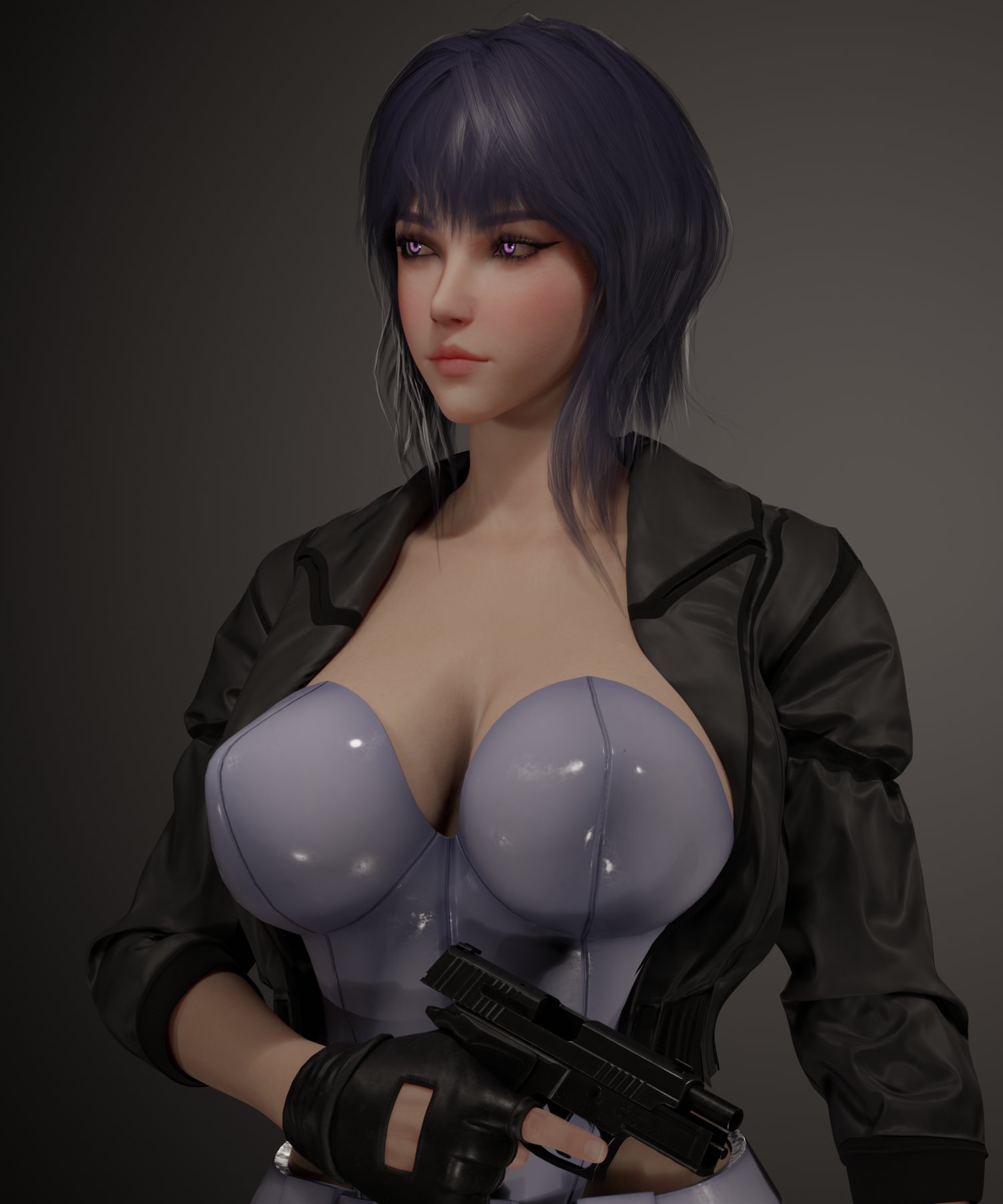 1girls, 2025, 3d, female, ghost in the shell, ghost in the shell stand alone complex, gun, kusanagi motoko, purple eyes, purple hair, soboro, solo