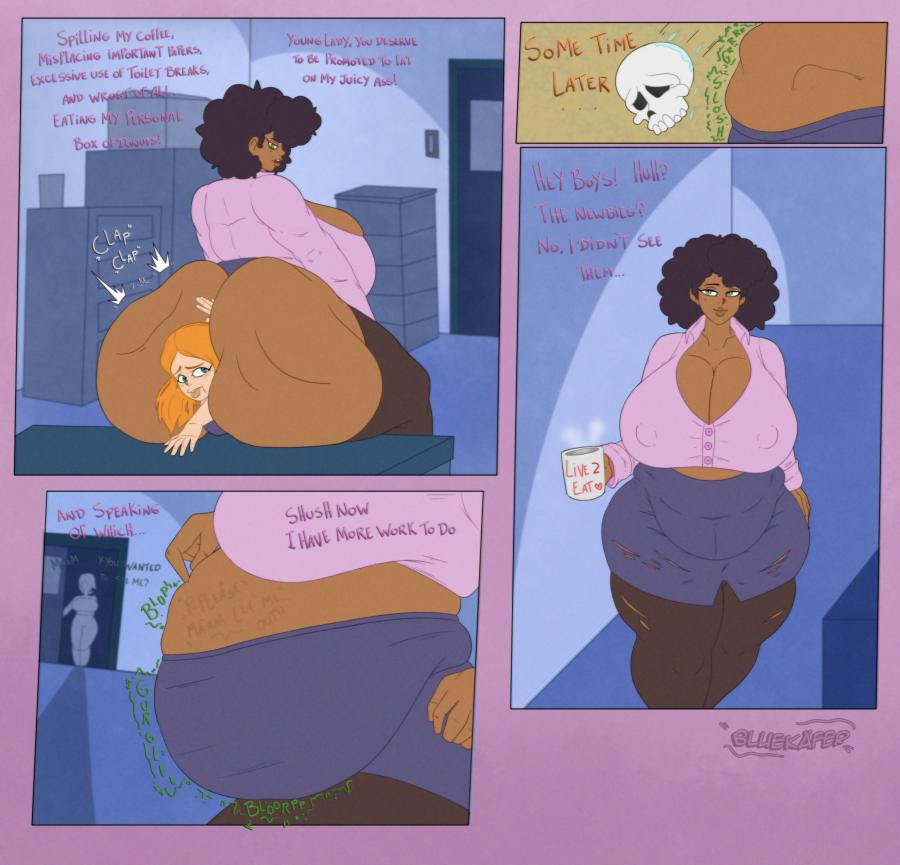 afro, anal vore, ass, bbw, bbw pred, big belly, bluekäfer, breasts, clapping cheeks, dark skin, dark-skinned female, digestion, fat ass, fatal vore, female, huge breasts, office lady, original, post-vore, sequence, vore, vore belly, weight gain