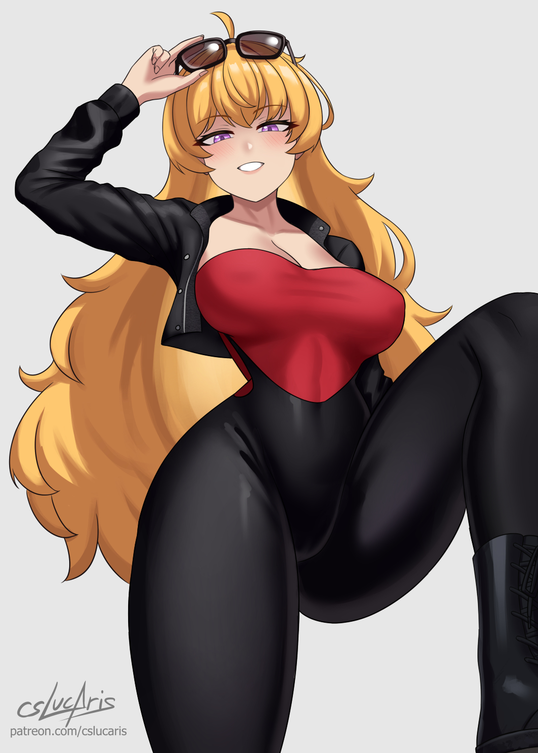 1girls, blonde female, blonde hair, cleavage, clothed female, cslucaris, female, long hair, long hair female, purple eyes, rwby, solo female, sunglasses, yang xiao long