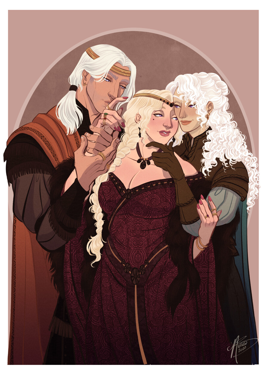 1boy, 2girls, a song of ice and fire, beauty mark, big breasts, blonde hair, cleavage, cloak, crown, daemon targaryen, dress, female, fire and blood, fully clothed, game of thrones, house of the dragon, incest, jewelry, laena velaryon, male, naomimakesart, necklace, purple eyes, rhaenyra targaryen, ring, ring (jewelry), valyrian, white hair