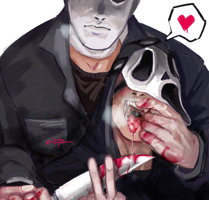 2boys blood blood_on_face danny_johnson dead_by_daylight degradation drool drooling enigma_system fingers_in_mouth gay gay_domination ghostface halloween_(series) heart_emoji into_it jumpsuit knife knife_play male mask masked masked_male michael_myers mouthplay saliva