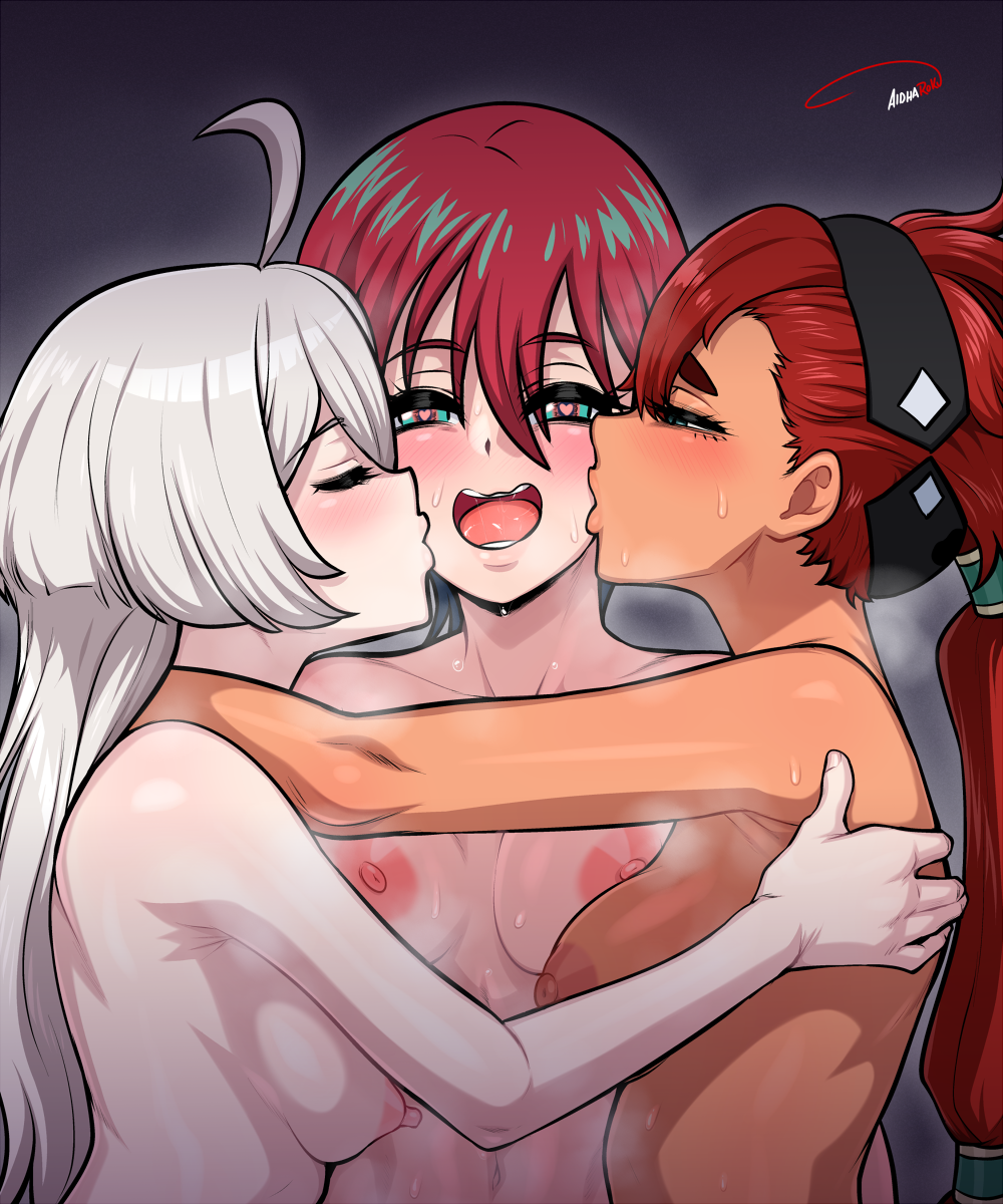 3girls aldharoku amate_yuzuriha blush breasts canon_couple chocolate_and_vanilla completely_nude dark-skinned_female female female_only fff_threesome gundam gundam_gquuuuuux gundam_suisei_no_majo heart-shaped_pupils hugging interracial_yuri kissing kissing_cheek light-skinned_female long_hair miorine_rembran naked nipples nude nude_female ponytail red_hair short_hair suletta_mercury threesome upper_body white_hair yuri