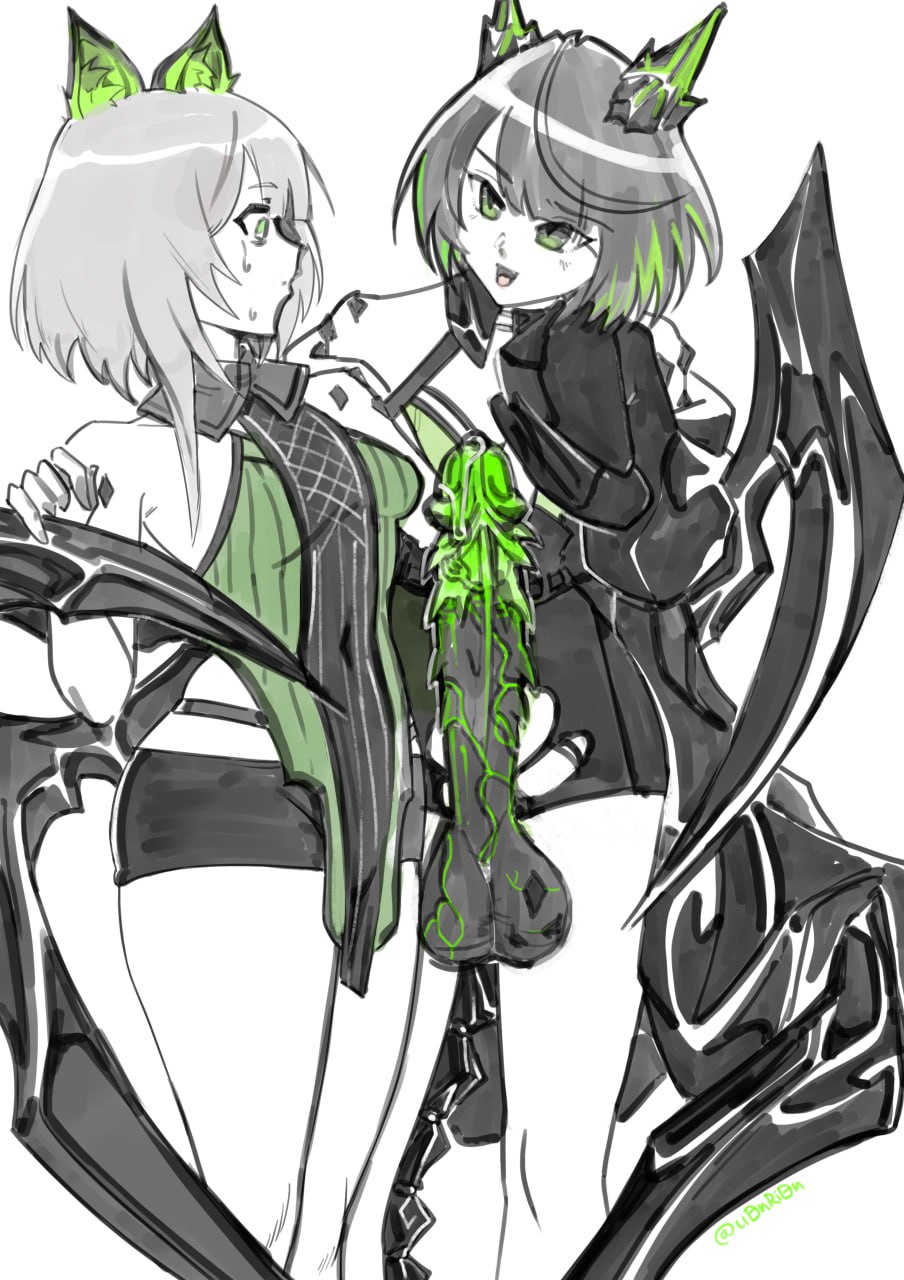 1futa arknights female futanari intersex kal'tsit_(arknights) lionrion low_res mon3tr_(arknights) selfcest surprised