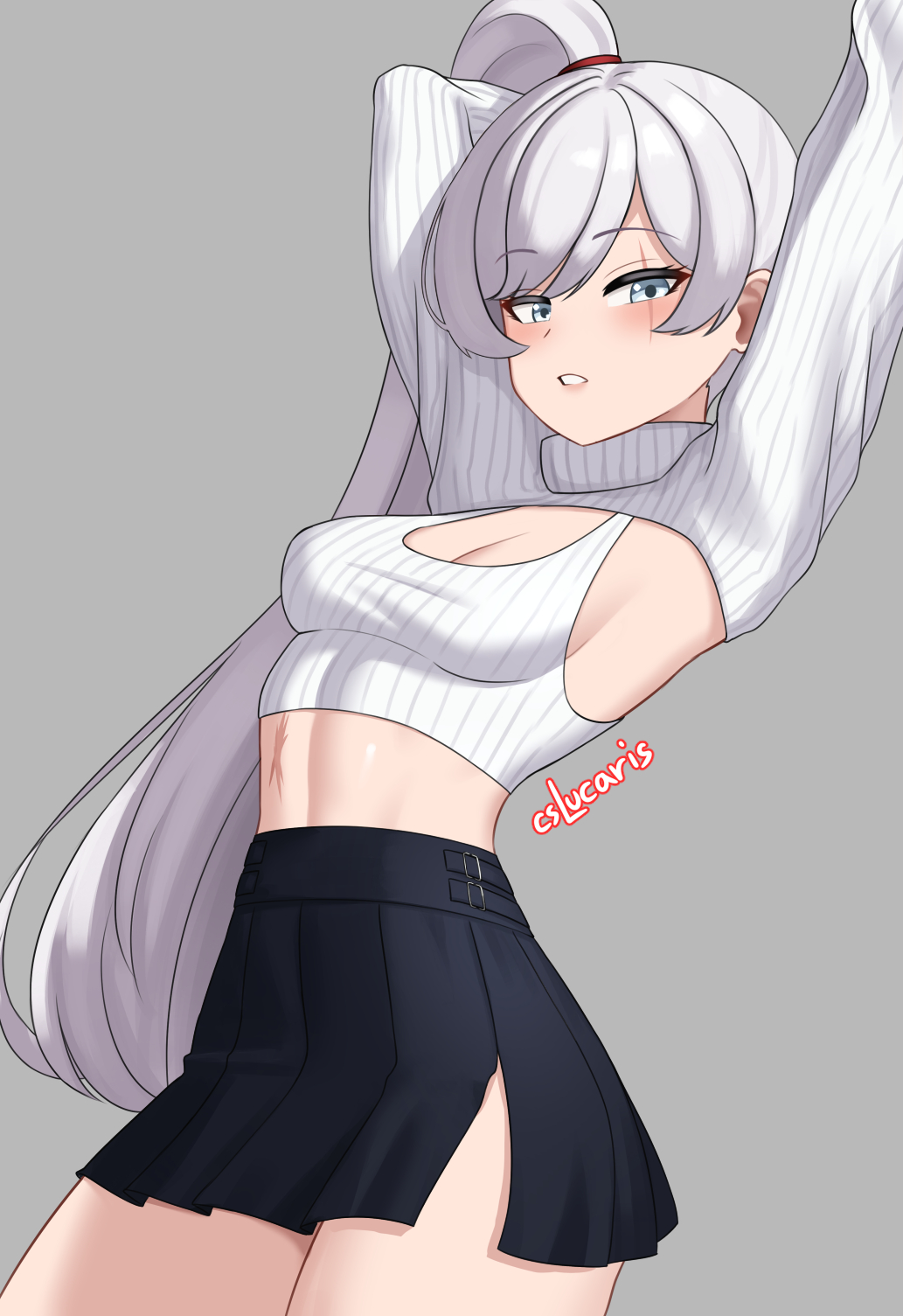1girls, blue eyes, cleavage, clothed female, cslucaris, female, long hair, long hair female, rwby, scar across eye, scar on stomach, solo female, stretching, weiss schnee, white hair, white hair female