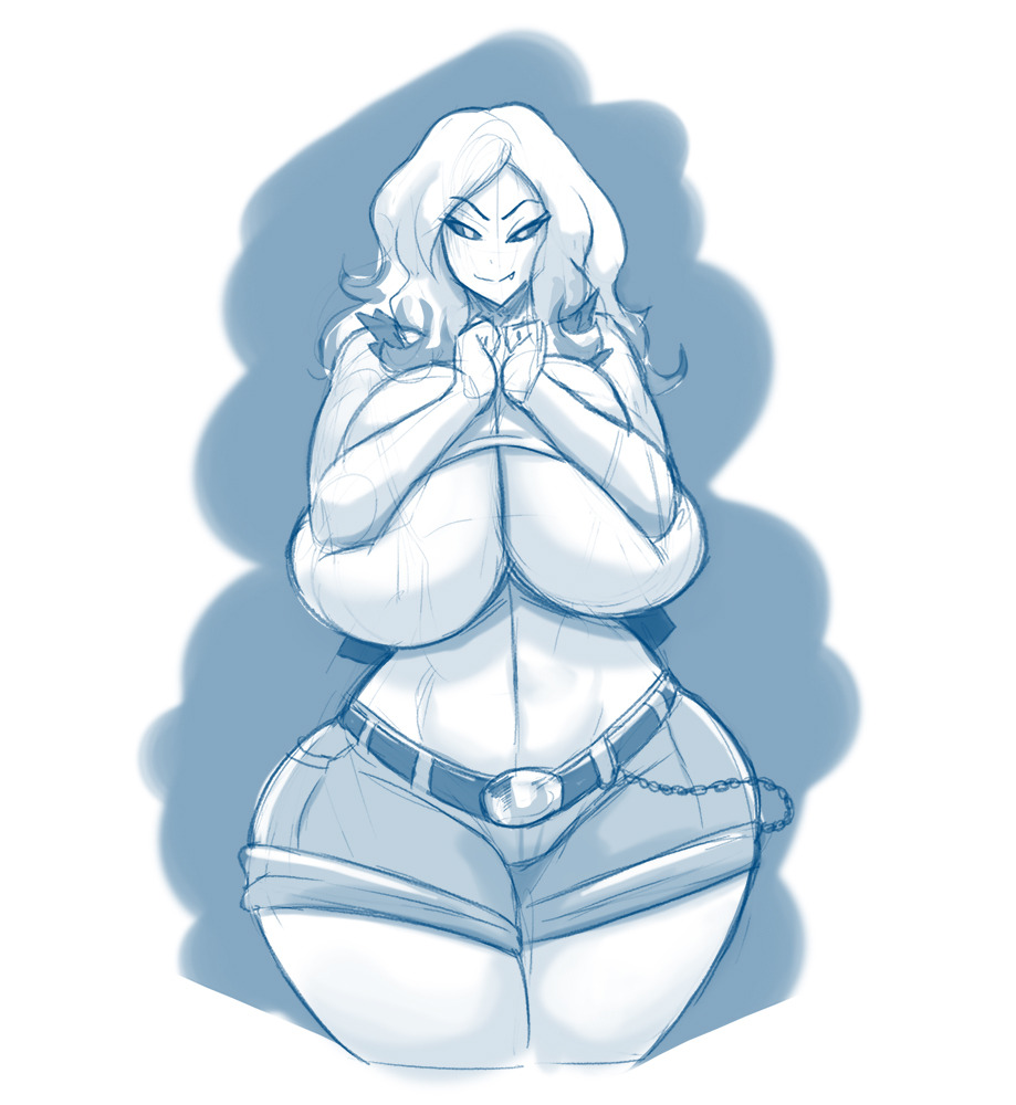 1girls, bare midriff, big breasts, black sclera, breast squish, breast suppress, breasts, carmessi, cleavage, covering breasts, curvy, denim shorts, evil eyes, female, hourglass figure, huge breasts, jean shorts, licking lips, long hair, midriff, monochrome, paizuri invitation, short shorts, shorts, soft breasts, thick thighs, underboob, voluptuous, wasp waist, wide hips