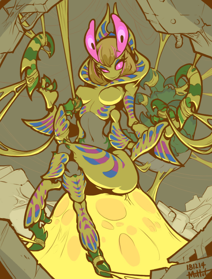 ahtal-ka, athletic, athletic female, exoskeleton, female, green skin, insect girl, insects, monster, monster girl, monster hunter, monster hunter generations, muhut, pink eyes, webbing