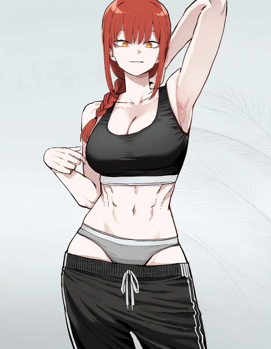 1girls, abs, ai generated, black pants, black sports bra, chainsaw man, female, female only, grey panties, makima (chainsaw man), panties, pants, pants down, red hair, solo, sports bra, sports panties, zloimakak