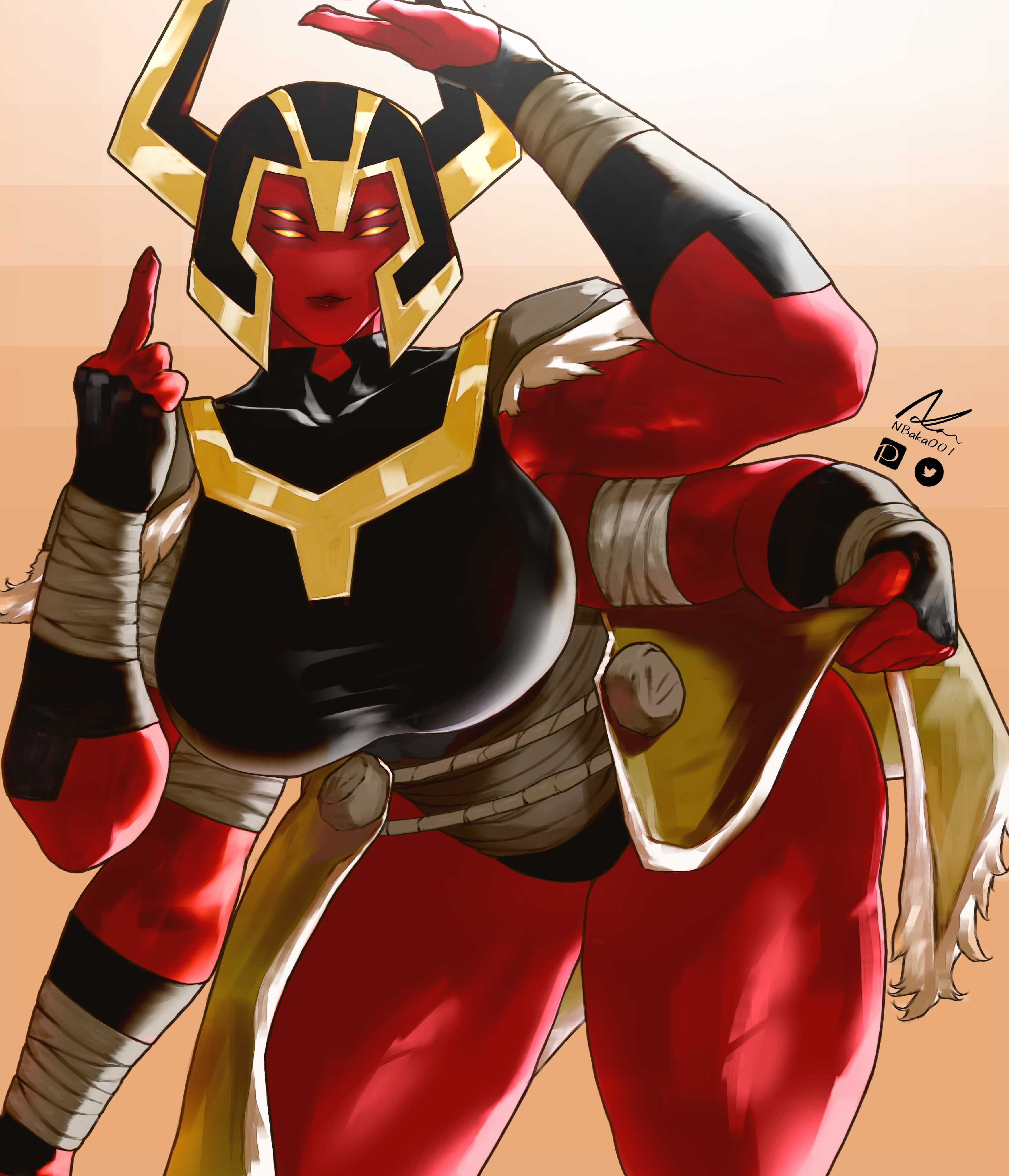 4 arms, alien, alien girl, armor, artist name, artist signature, ass, ben 10, ben 10 omniverse, big thighs, breasts, costume, female, flipping off, flipping viewer off, fully clothed, huge ass, huge breasts, huge thighs, lifting skirt, logo, looma red wind, muscular, muscular female, nbaka001, orange eyes, patreon logo, red lips, red skin, red-skinned female, solo, solo female, tetramand, twitter logo, wrappings