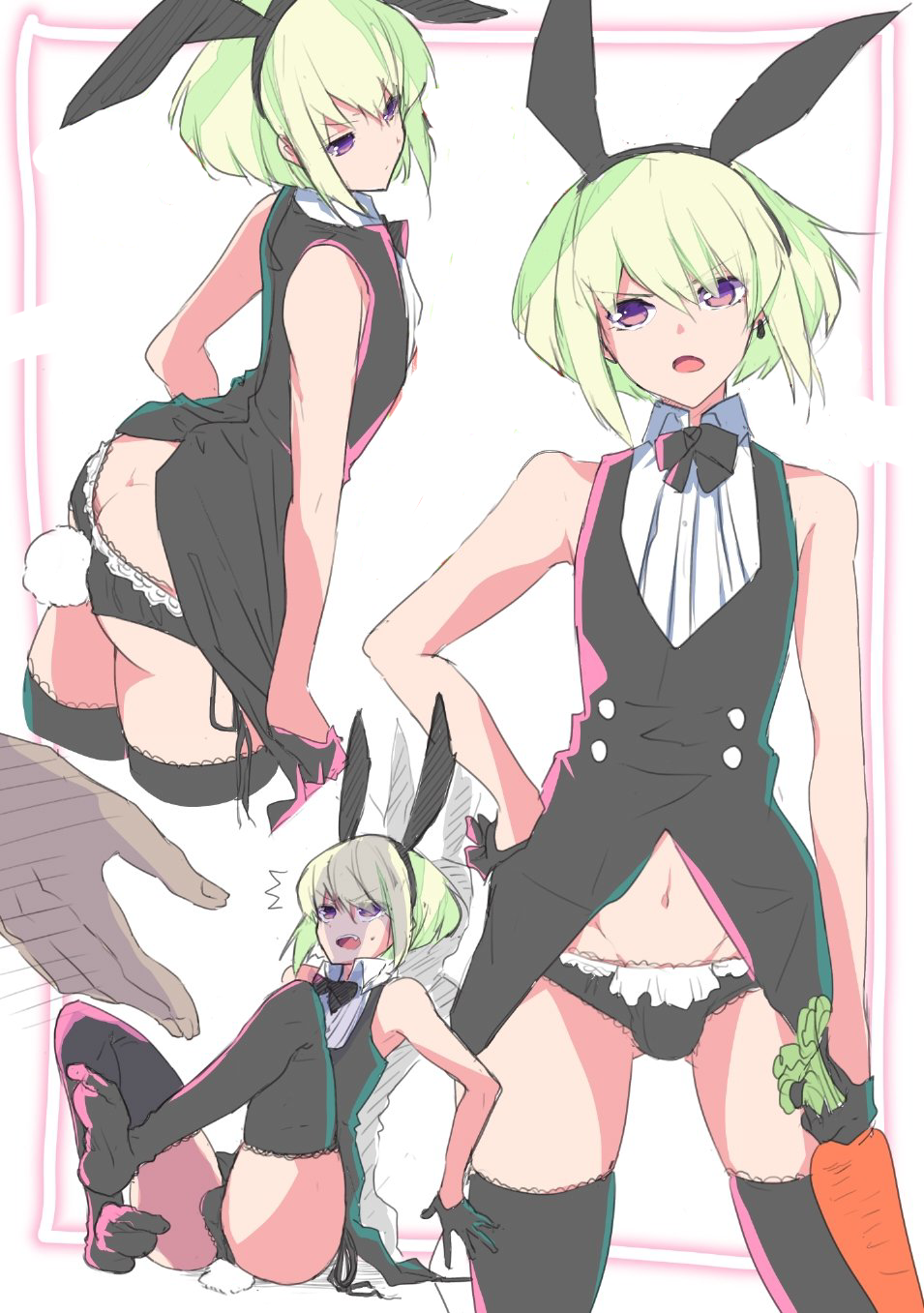 1boy, 2d, 2d (artwork), androgynous, ass, ass focus, black legwear, bob cut, bulge, bulge through clothing, bunny ears, bunny tail, crossdressing, fake animal ears, femboy, femboy only, lio fotia, nervous, panties, petite, petite body, petite male, promare, short hair, slim, slim male, slim waist, solo, stockings, thighhighs, twink