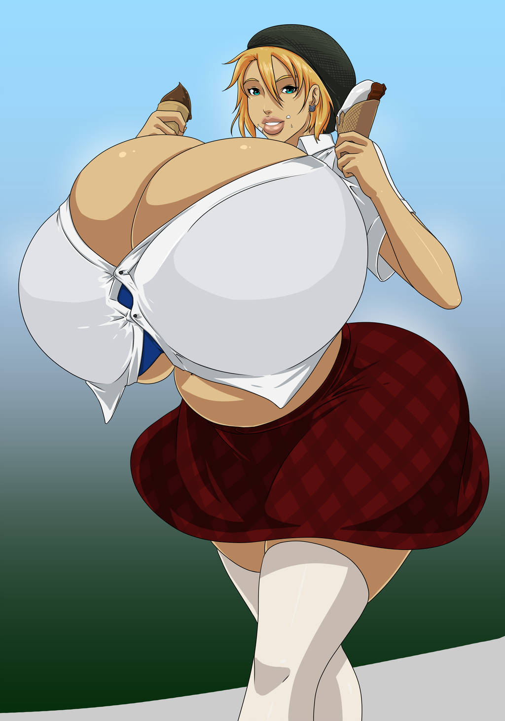 1girls, ass, big ass, big breasts, blonde hair, blue eyes, bra, breasts, button gap, dessert, female, female only, food, gigantic breasts, hat, huge ass, huge breasts, human, hyper breasts, ice cream, impossible clothes, large breasts, looking at viewer, pregnant, skirt, smile, solo, thick thighs, thighhighs, wide hips, zdemian